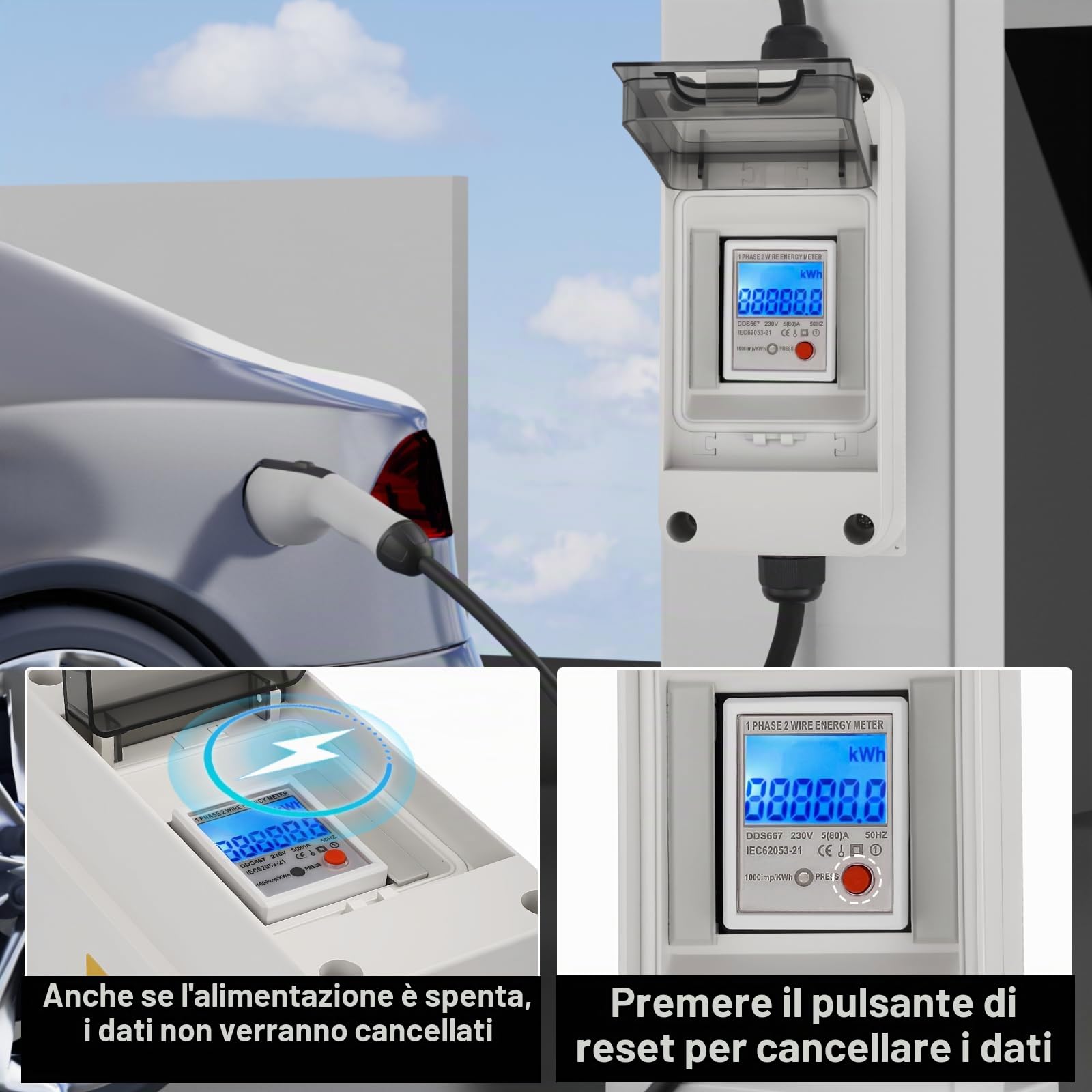 Contatore digitale mobile con reset, 230 V, 60 A, misuratore intelligente CEE per esterni, KWH, IP65, alloggiamento impermeabile per camper, veicoli elettrici, prese