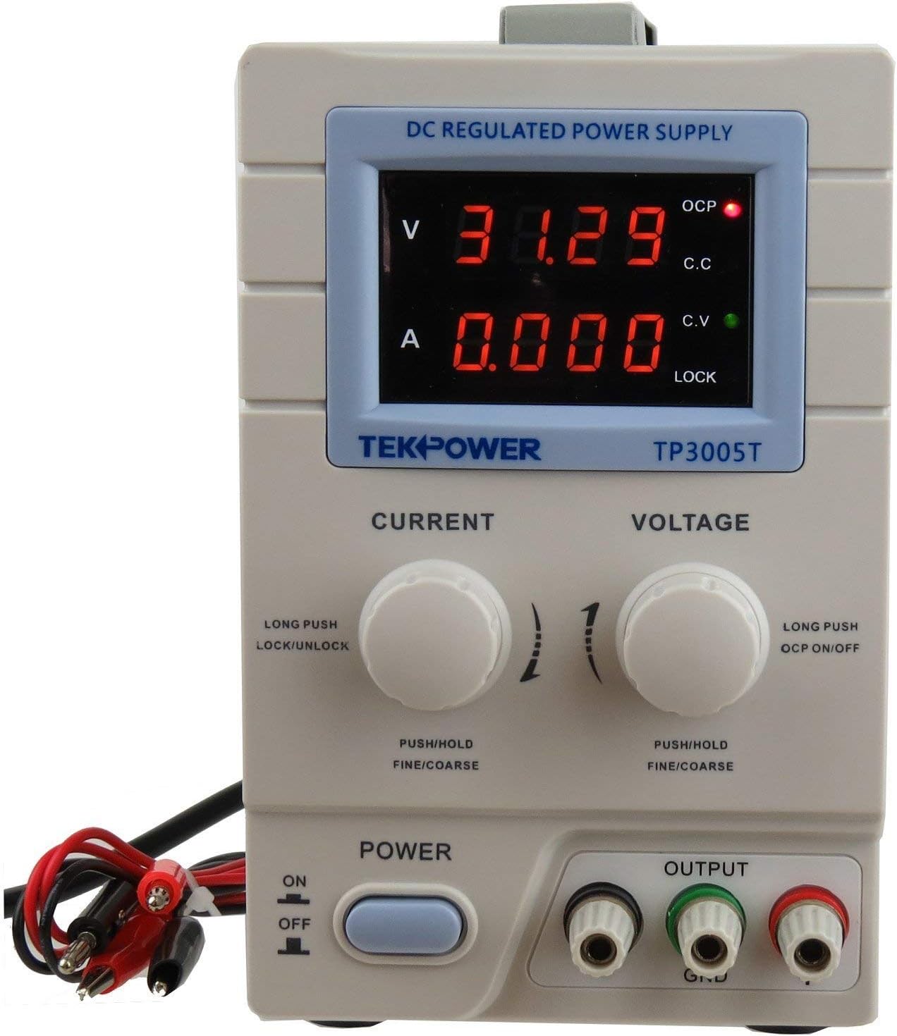 Tekpower TP3005T Variable Linear DC Power Supply, 0-30V @ 0-5A with Alligator Test Leads