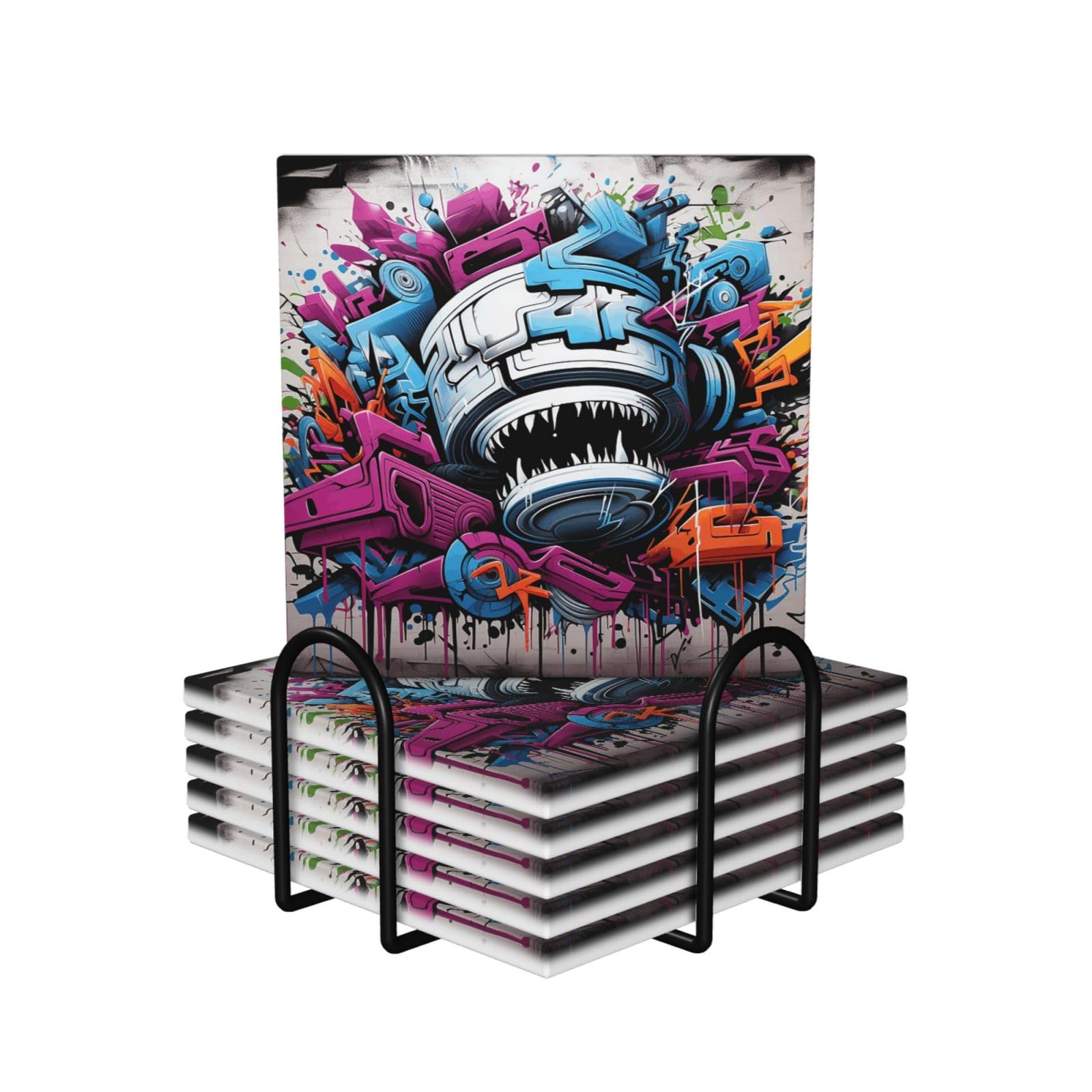 Dessous de verre en céramique lot de 6 avec support absorbant et dos en liège graffiti