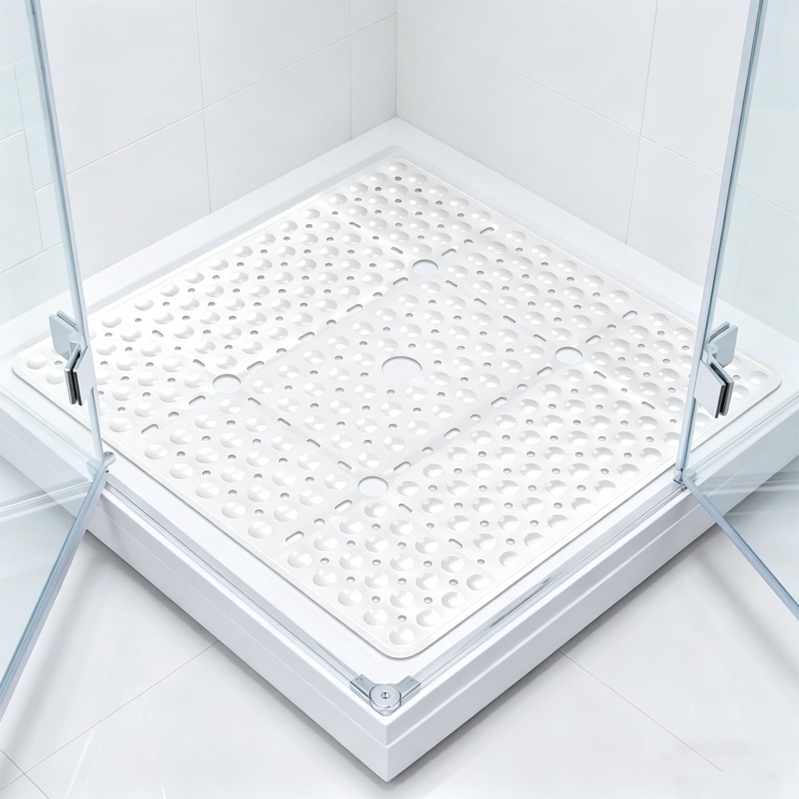 ZOKBOM Square Shower Mat Non Slip 70x70cm | Extra Large Shower Mat for Inside Shower with Suction Cups & Drain Holes | Anti Mould Bathtub Mats for Bathroom (White-TPE, 70 x 70 cm)