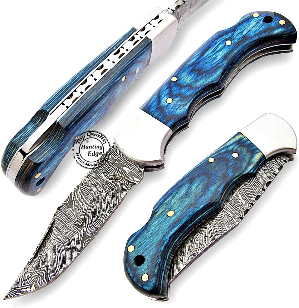 Blue Wood 6.5'' 100% Handmade Damascus Steel Folding Pocket Knife 100% Prime Quality