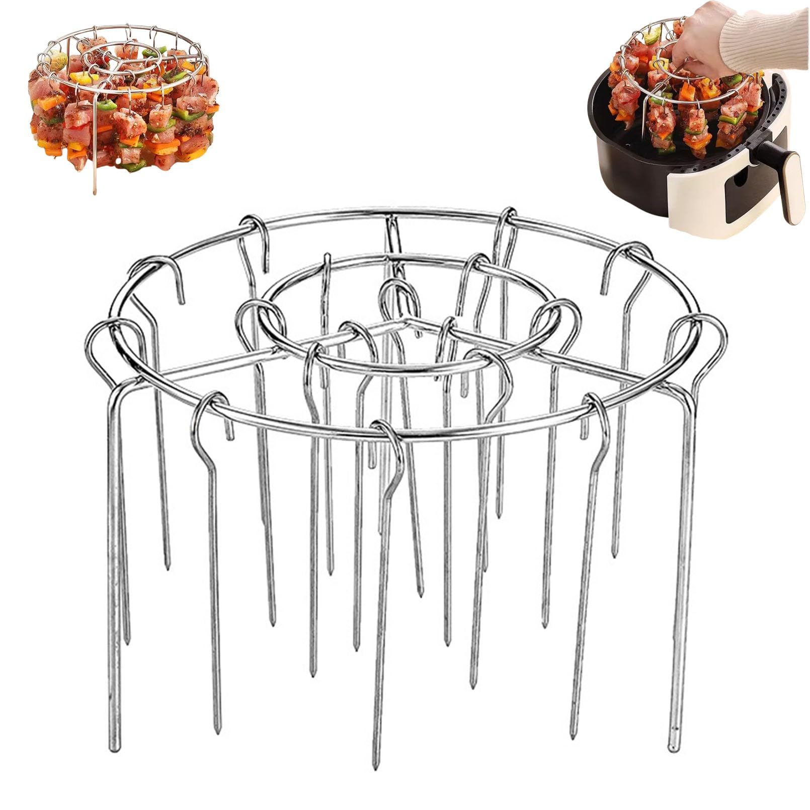 Air Fryer Accessories, Multifunctional Kitchen Set for Cooking, 6.3 Inch Round Skewer Stand, Stainless Steel Hanging Barbecue Rack with 12 Skewers (48 skewers)