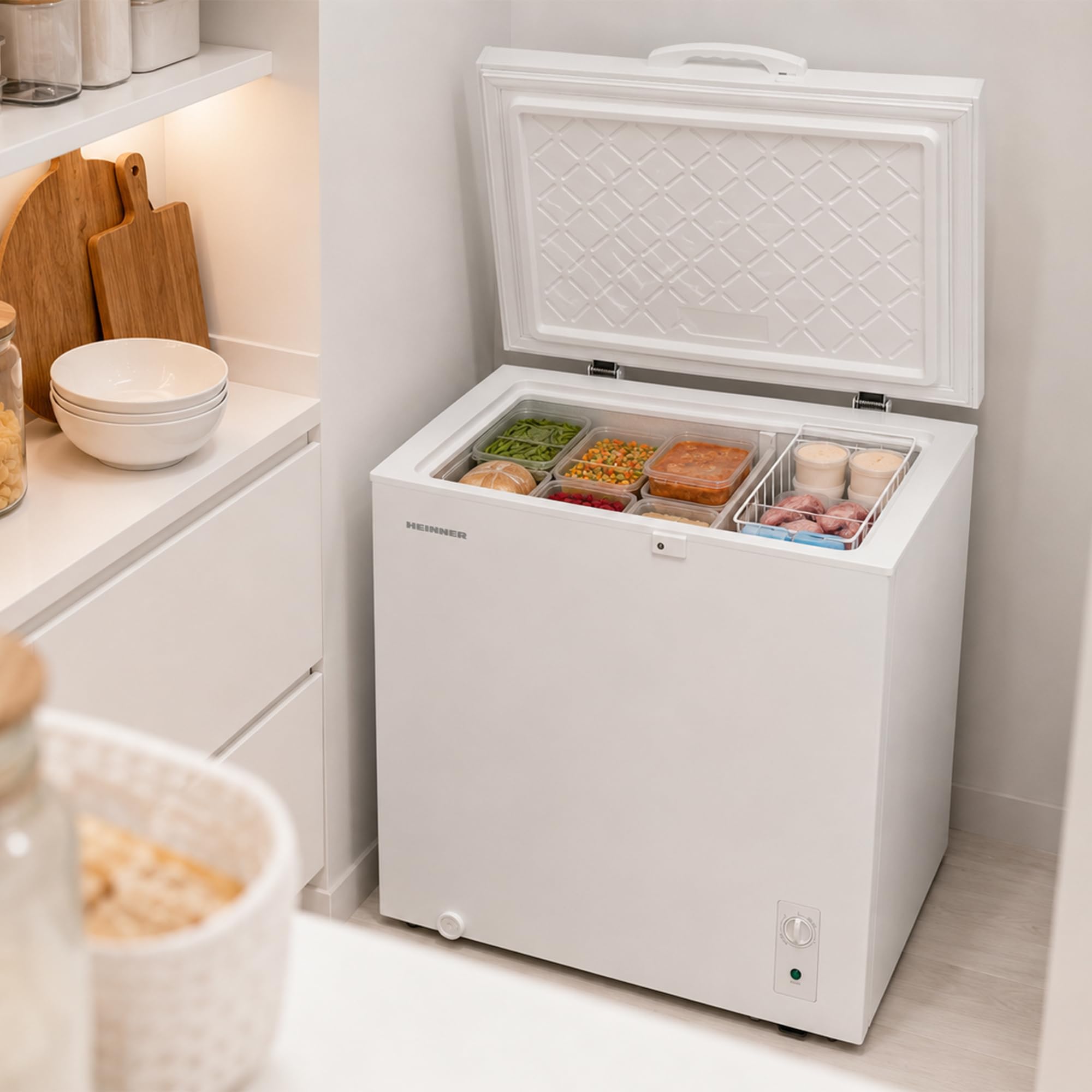 HCF-M198INVCE++ Gefriertruhe/Convertible Chest Freezer – 198 L Fassungsvermögen, Inverter-Kompressor für leisen und effizienten Betrieb, Energieklasse E, modernes Weiß, 5‑Jahres-Garantie