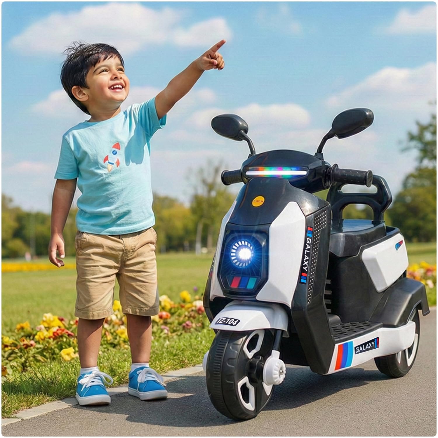 Toyzone Galaxy Kids Electric Scooty (White) | 6V 4.5Ah Battery Rechargeable Scooter | Music & Colourful LED Lights | Smooth Acceleration | 6 Months Battery Warranty | for Kids 3-8 Years, Upto 35 Kgs 1