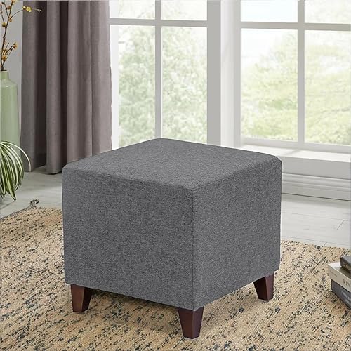 Miniatura 14 de Asense Reposapiés otomano tapizado de tela de lino con patas de madera, azul Azul,marrón (Cow Brown),Gris