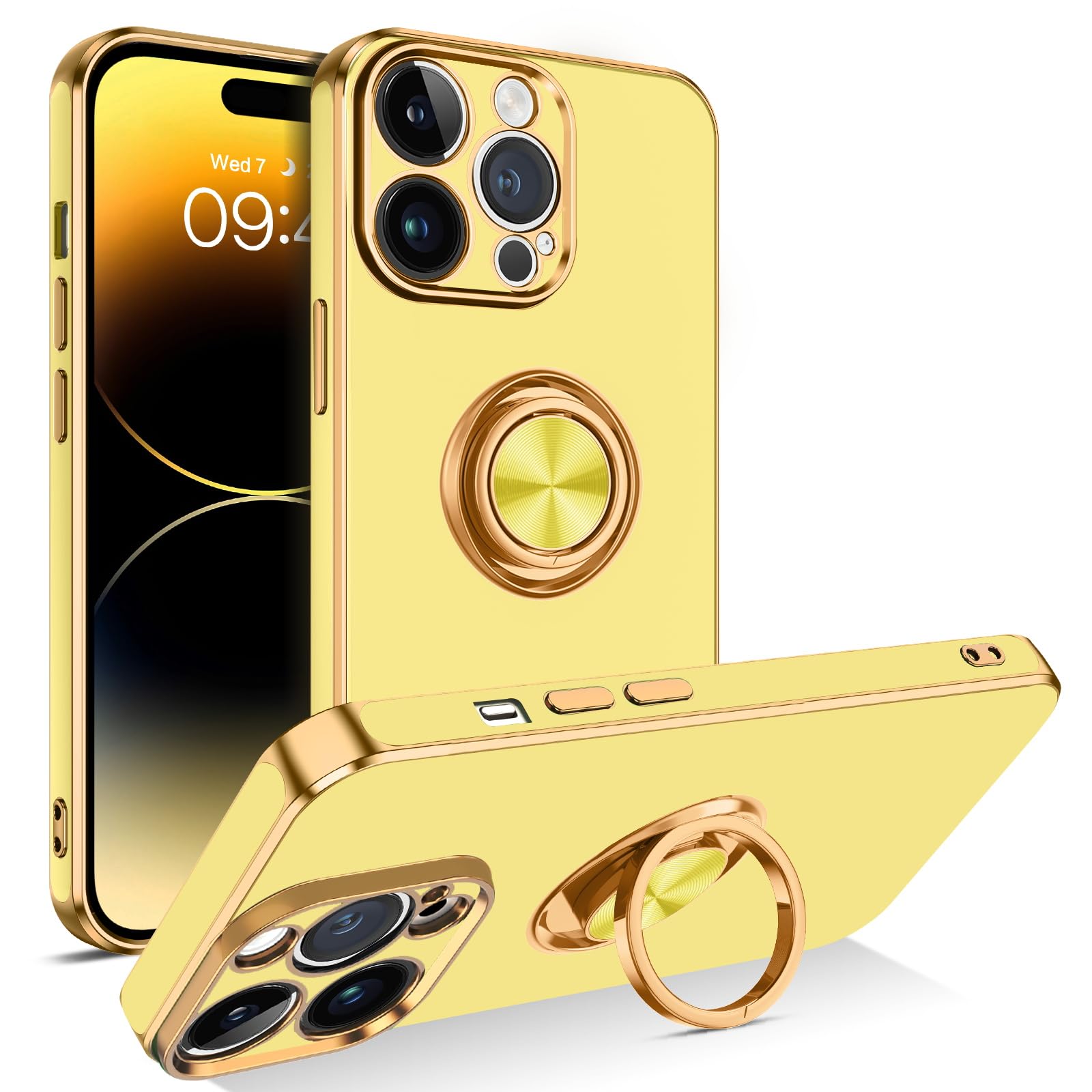 BENTOBEN iPhone 14 Pro Max Case, Slim Lightweight 360° Ring Holder Kickstand Support Car Mount Shockproof Women Men Non-Slip Protective Case for iPhone 14 Pro Max 6.7", Yellow Lemon/Gold,