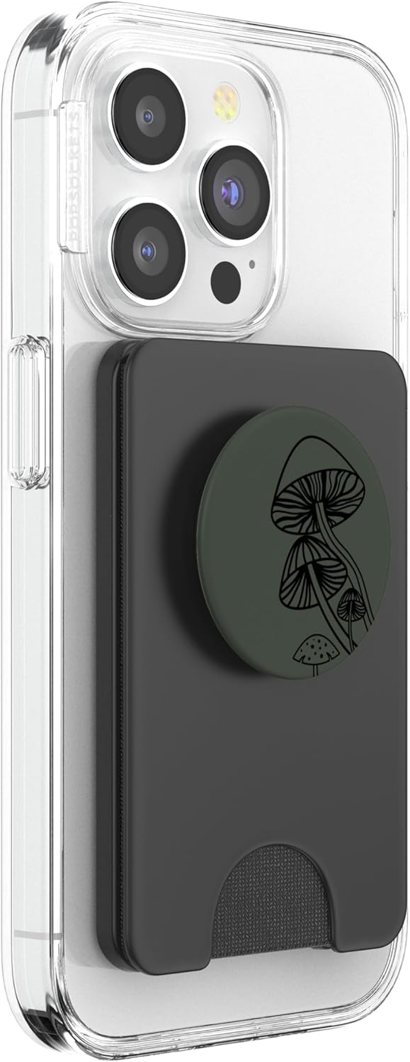 Line Art Aesthetic Magic Mushroom in Dark Green Minimalist PopSockets PopWallet for MagSafe