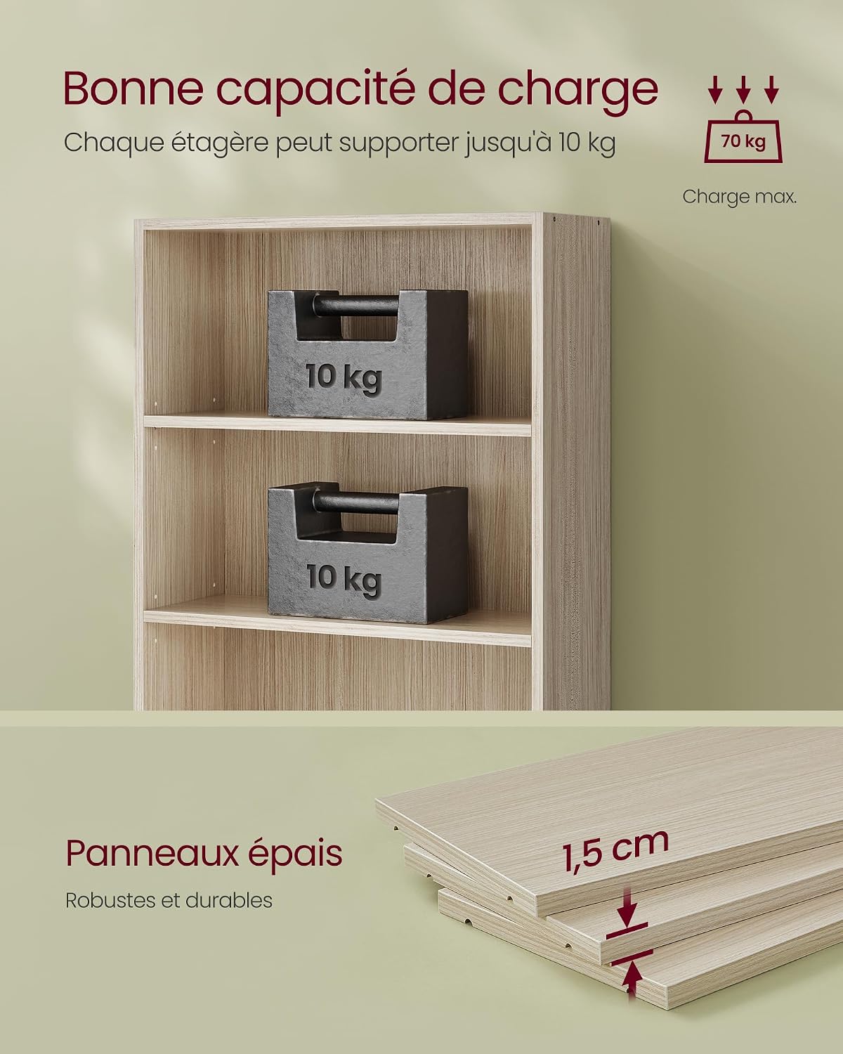 Image showing a shelf supporting 10 kg weights and a close-up of the 1.5 cm thick engineered wood panels.