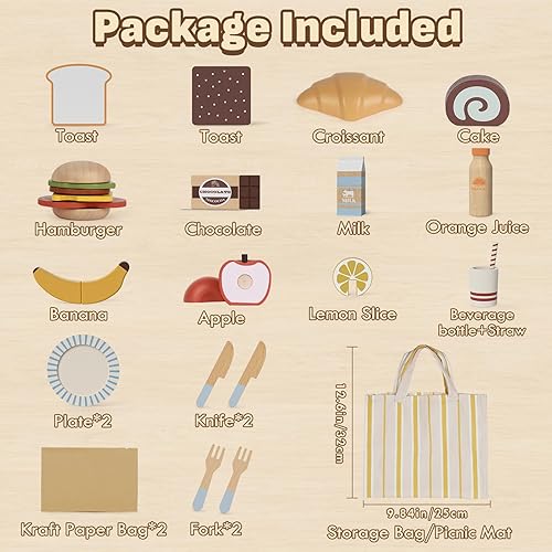 Miniatura 7 de Lehoo Castle Juegos de comida para niños de cocina, juguetes de madera para niños pequeños de 3 años, juego de pícnic, juguetes de cortar alimentos,