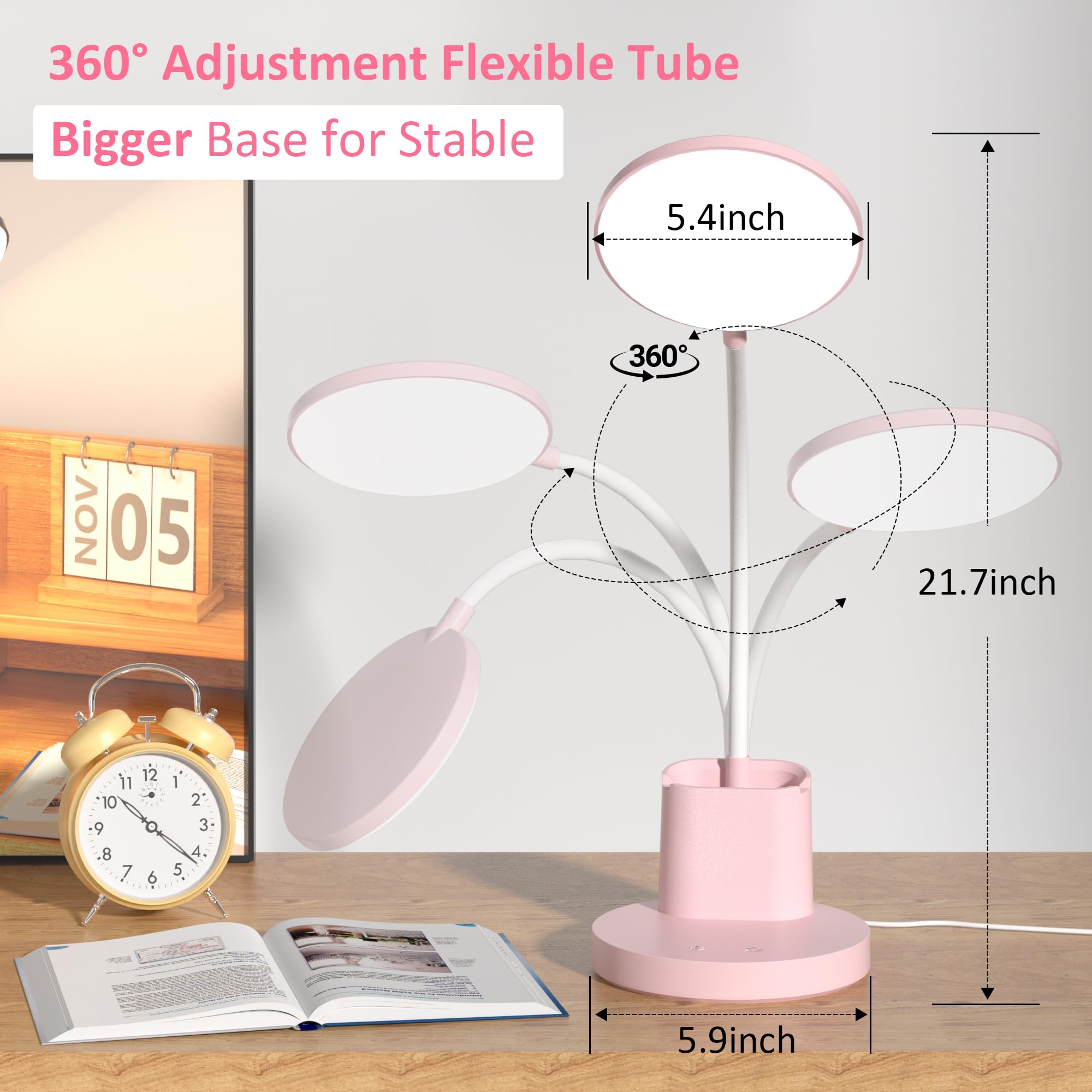 Schreibtischlampe, LED-Schreibtischlampen für Heimbüro, Touch-Tischlampe mit 3 Farbmodi, 360° verstellbarer Arm, dimmbare Schreibtischlampe mit Stifthalter, für Studentenwohnheim, Rosa