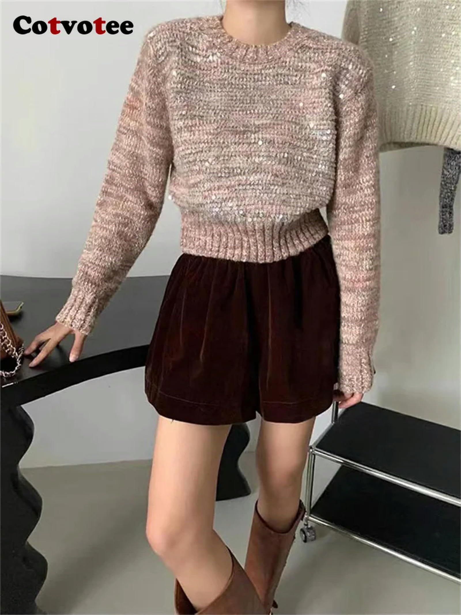 MdybF Damski sweter cekinowy sweter damski na jesień i zimę moda z długim rękawem okrągły dekolt sweter na co dzień dzianinowy sweter retro