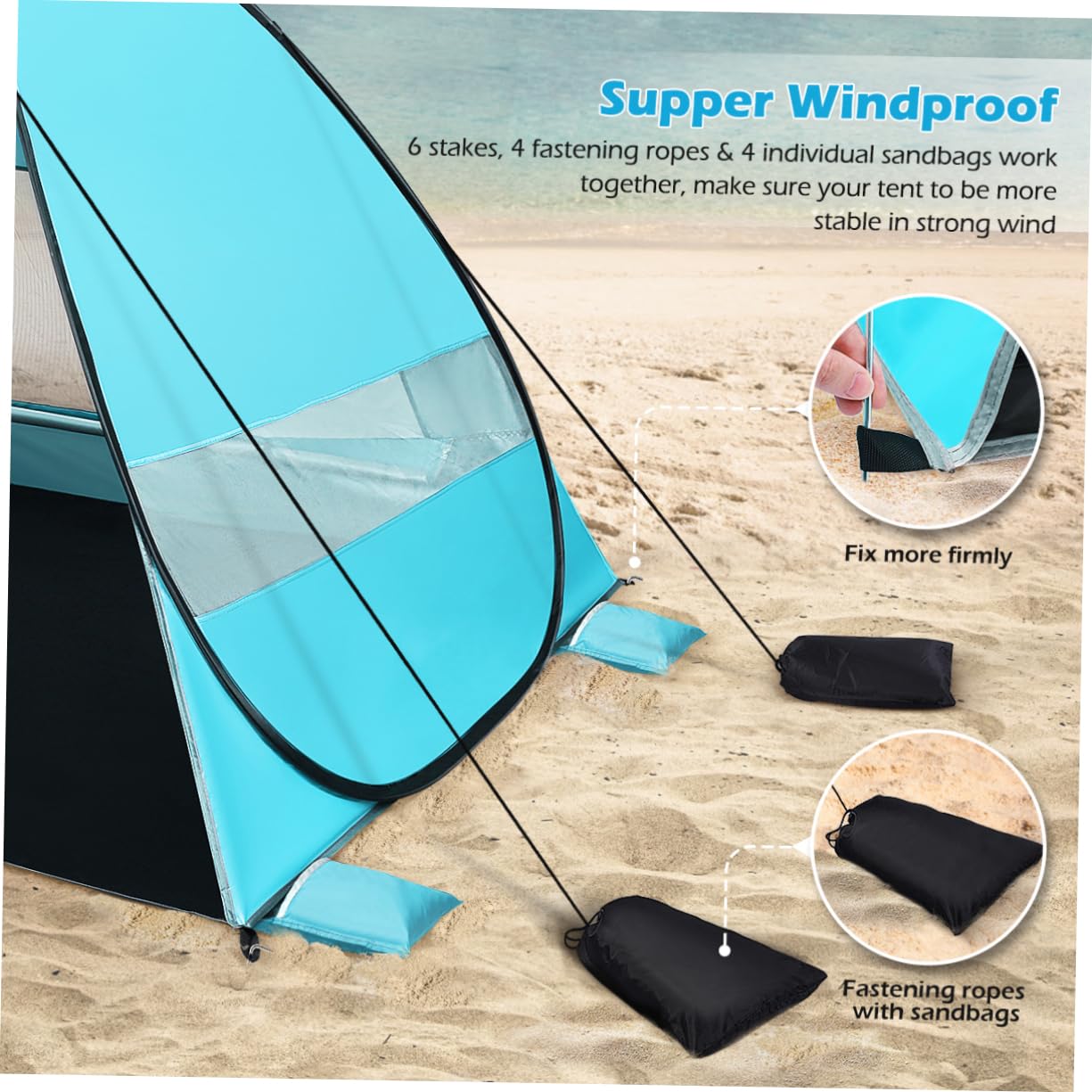 Tente de Plage Pop Up Automatique Bleue Abri Portable UV UPF avec Ventilation Sacs Piquets Renforcés pour Camping et Randonnée