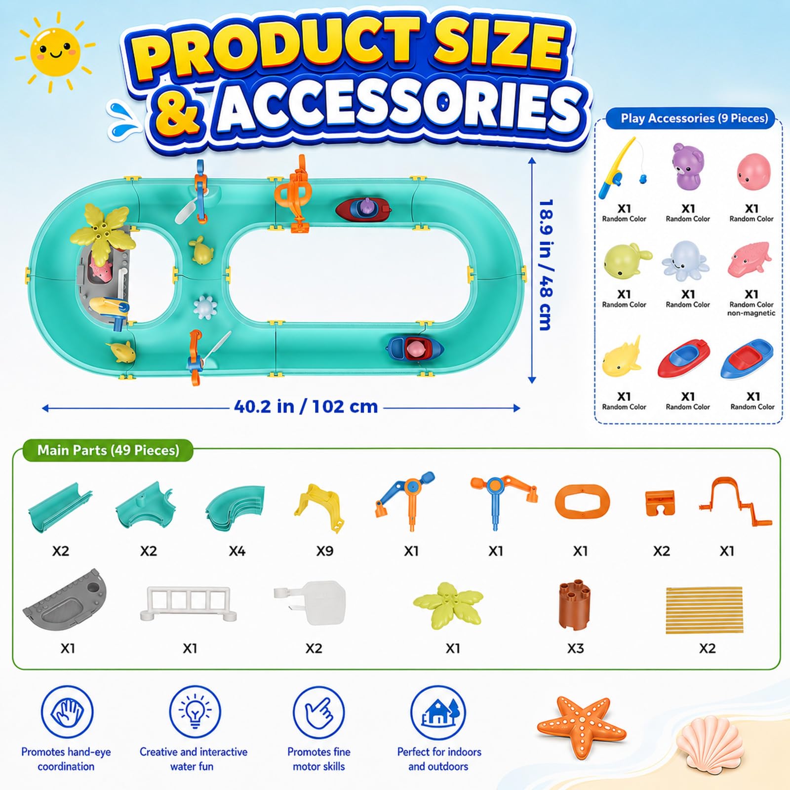 Mesa de Agua para Niños 58 Piezas Juguete de Agua – Esclusas, Barcos y Caña de Pescar Magnética Incl. 6 Figuras de Animales | Juguete Acuático para Niños de 3+ Años para Jardín, Terraza y Playa