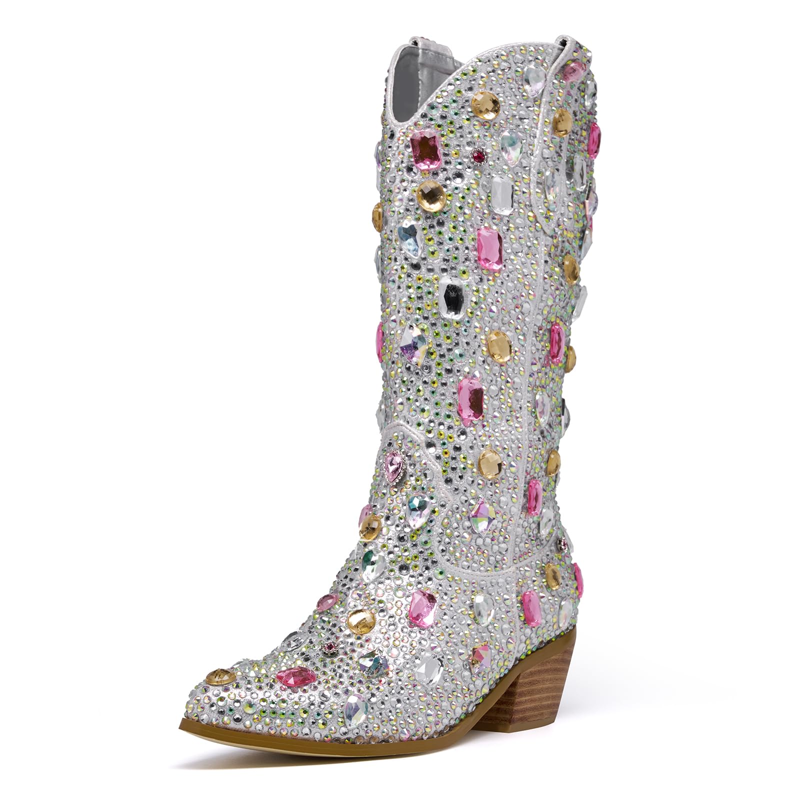 driceic Wide Calf Rhinestone Cowboy Boots Sparkly Cowgirl boots for Women Pointed Toe 2inch Chunky heels Pull On Tabs Shiny Glitter Fashion Party