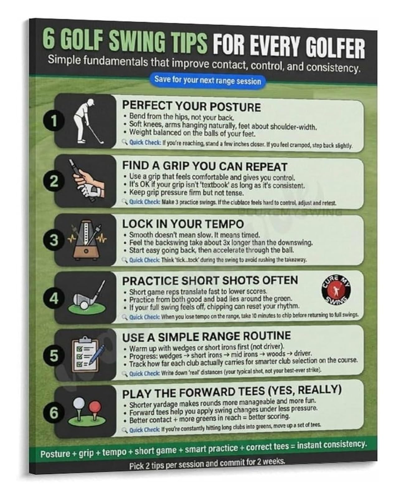 HGETJOHXEM Golfers Guide Poster 6 Must Know Swing Tips Chart for Practice and Training Gift for Golfer Wall-Art(Framed,08x12inch(20x30cm))
