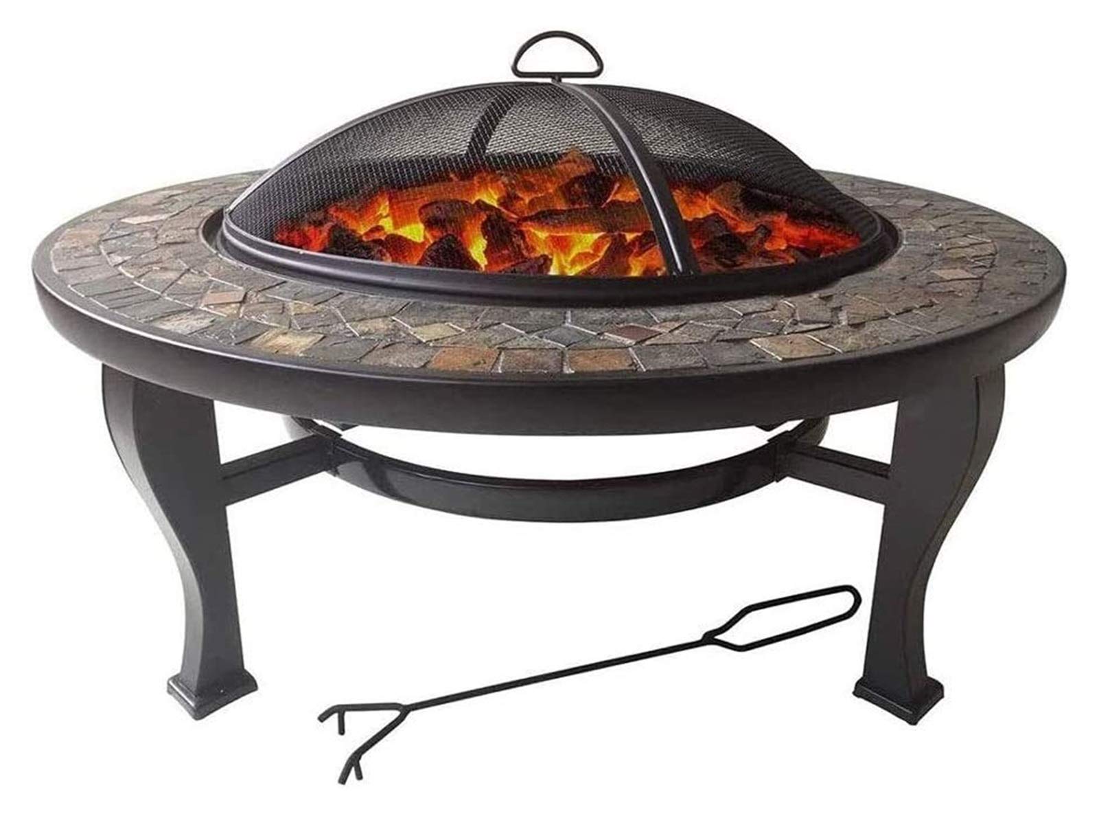 Fire Pits Outdoor Wood Burning Black Outdoor Fire Pit, Round 34 Natural  Slate Top with Spark Screen Cover for Outside Backyard Patio with Cover BBQ  Cooking for Outside Camping Backyar : Amazon.co.uk: