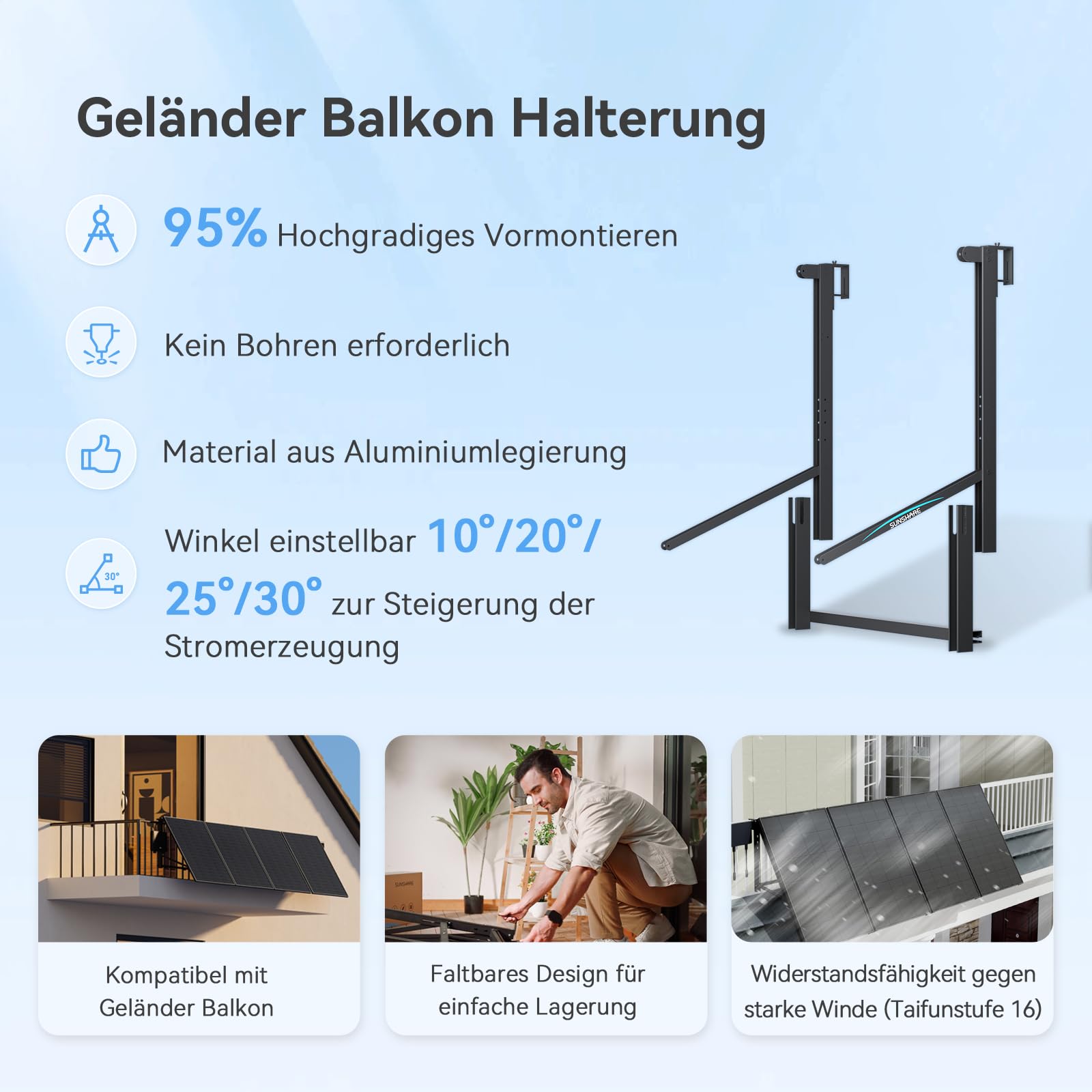 Glory Balkonkraftwerk Set 2,0 kWh + 4×200W RAY Solarpanels + 4×Halterung (Geländer-Balkon/Balkon mit Brüstung) – 800 W PV-System mit mehr Speicherkapazität, erweiterbar bis 10 kWh