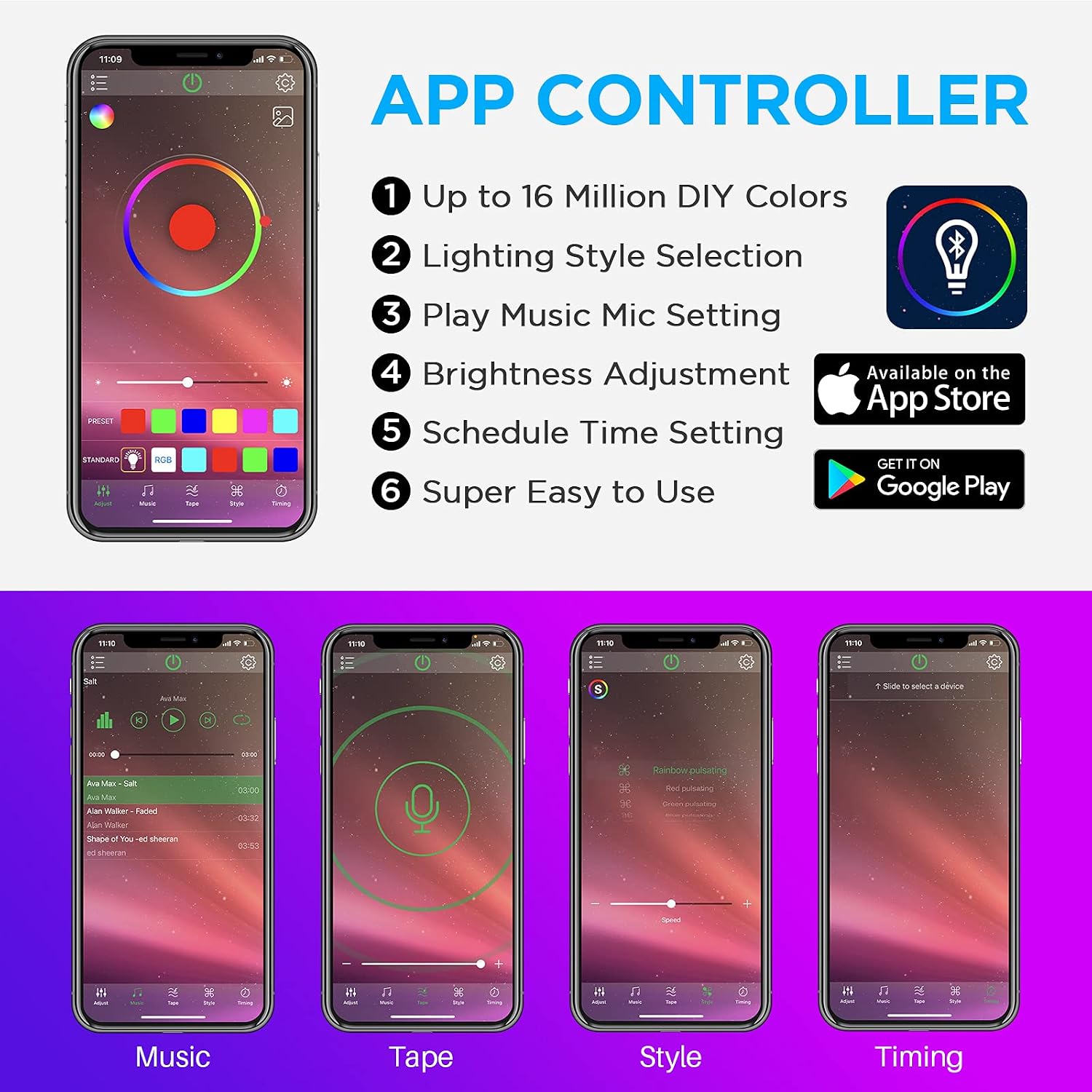 Car LED Lights, CT Capetronix Interior Car LED Lights APP Control Music Sync, Multi Color Car Accessories with USB Port, 60 LEDs.