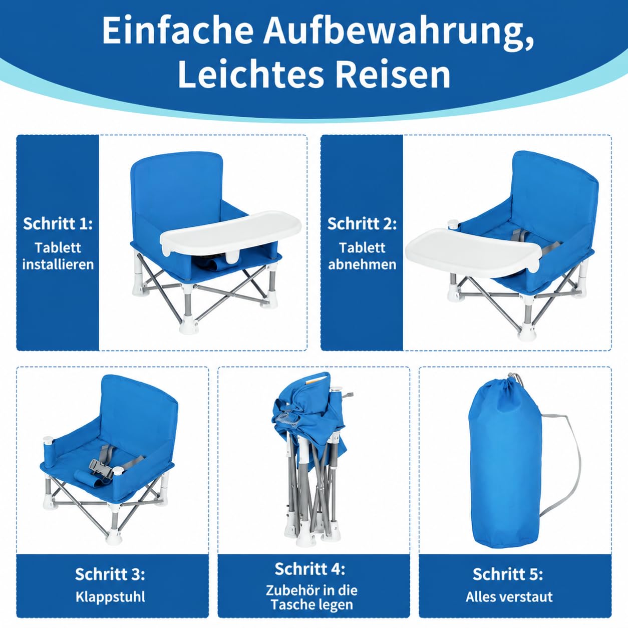 Tragbare Sitzerhöhung mit Futterschale für Babys Booster Stuhl für 6 Monate bis 3 Jahre Kompakter Faltbarer Sitzerhöhung Babystuhl Reisestuhl