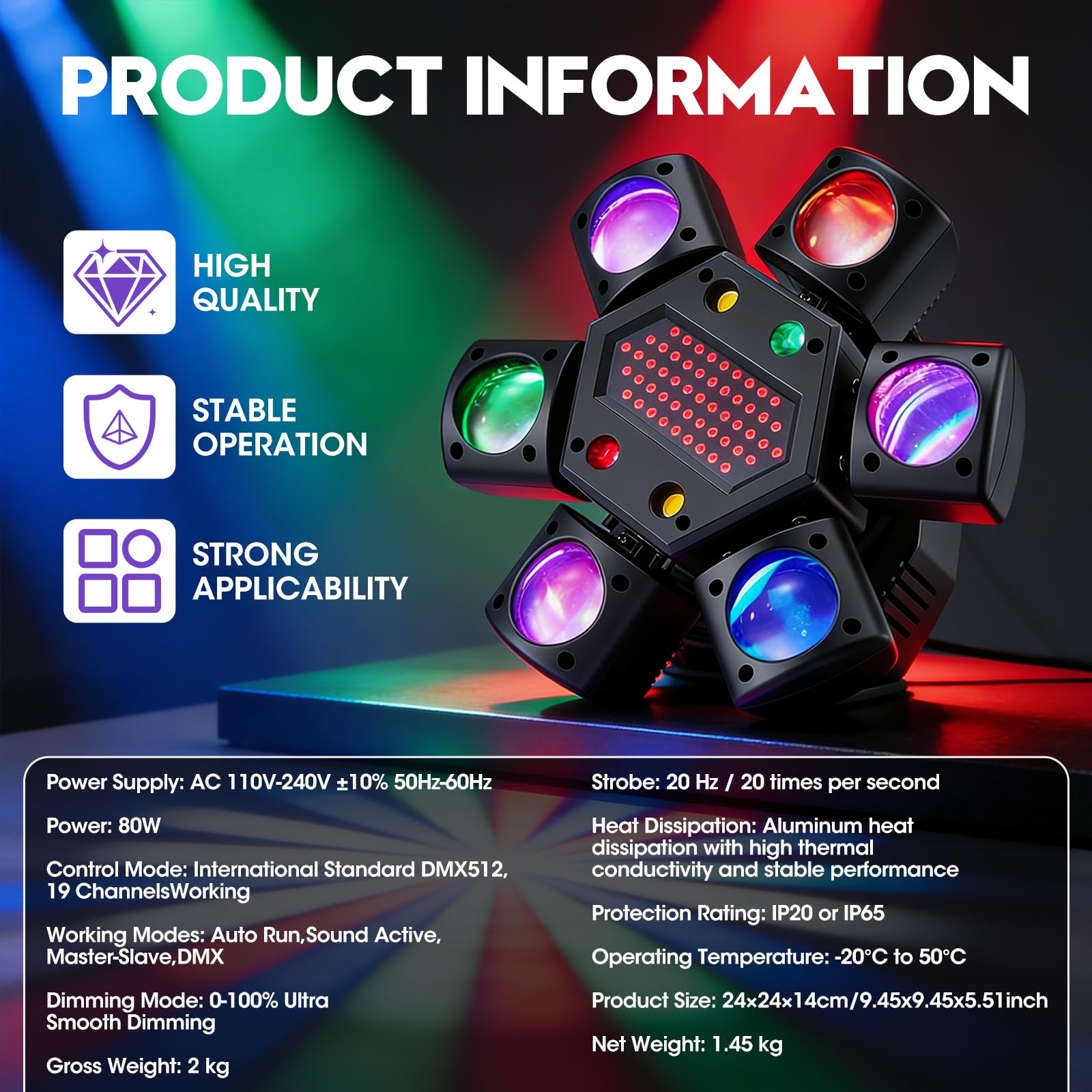 80W Moving Head LED mit Fernbedienung, RGBW 4-in-1 Discolicht Partylicht, 6 Lichtarme + Bienenauge Effekt, DMX512 Soundaktiviert für DJ Bar Partyclub Bühnenbeleuchtung