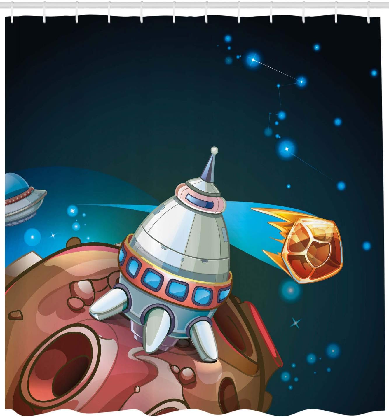 Ambesonne Cartoon Shower Curtain, Spacecraft Planets Outer Space Theme Rocket Stars Galaxy Cosmic Illustration, Cloth Fabric Bathroom Decor Set with Hooks, 69" W x 70" L, Multicolor Dark Teal