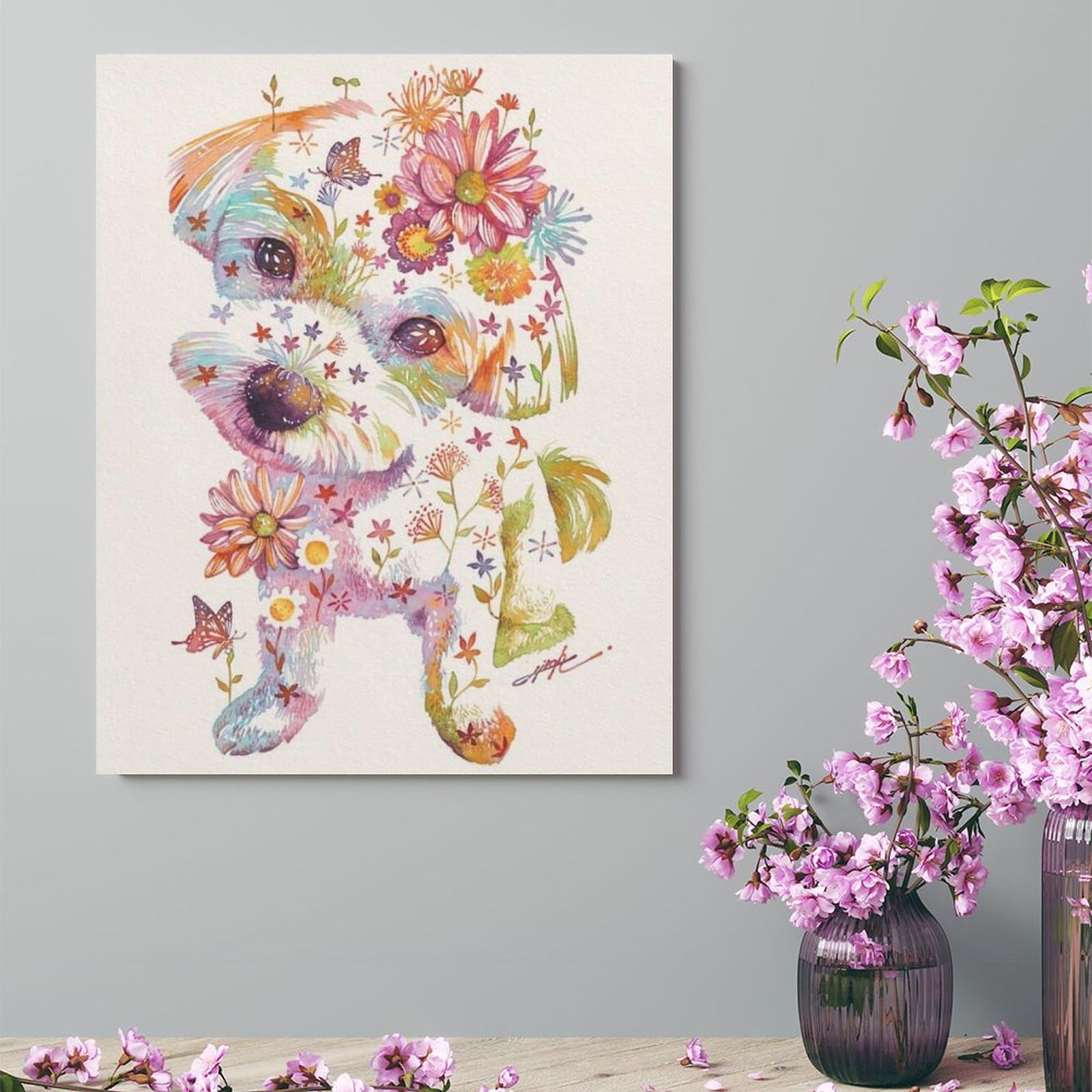 Amazon.co.jp: 絵画 色とりどりの花を持つ白い犬インテリア 絵画
