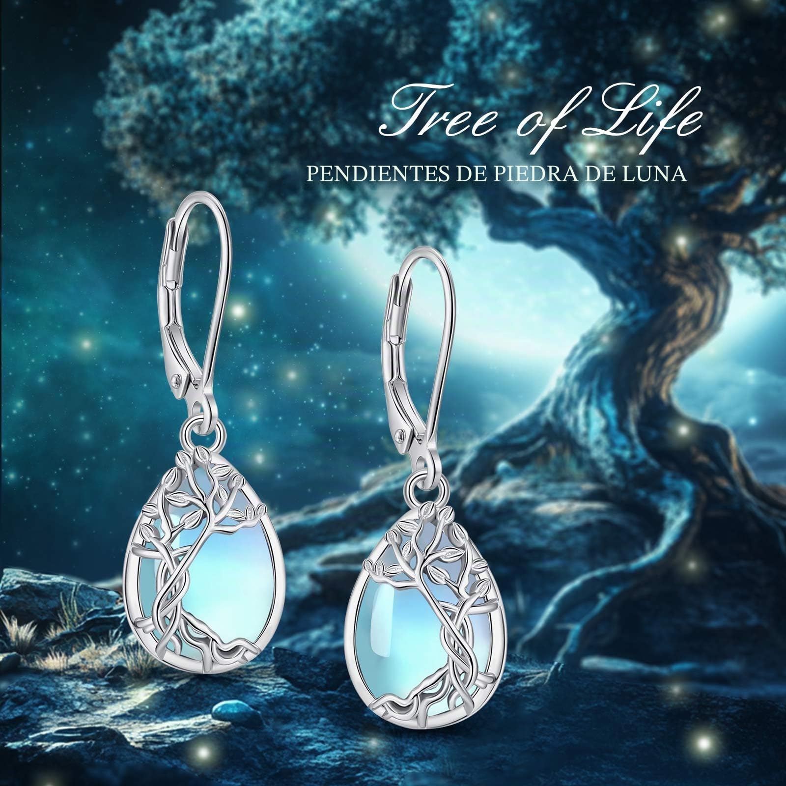 Plata de Ley 925 Pendientes de Árbol de la Vida/Tortuga Marina/Estrella de Mar/Serpiente Luna/Vaca Highland Pendientes de Turquesa Piedra de Luna Joyería Regalo para Mujer