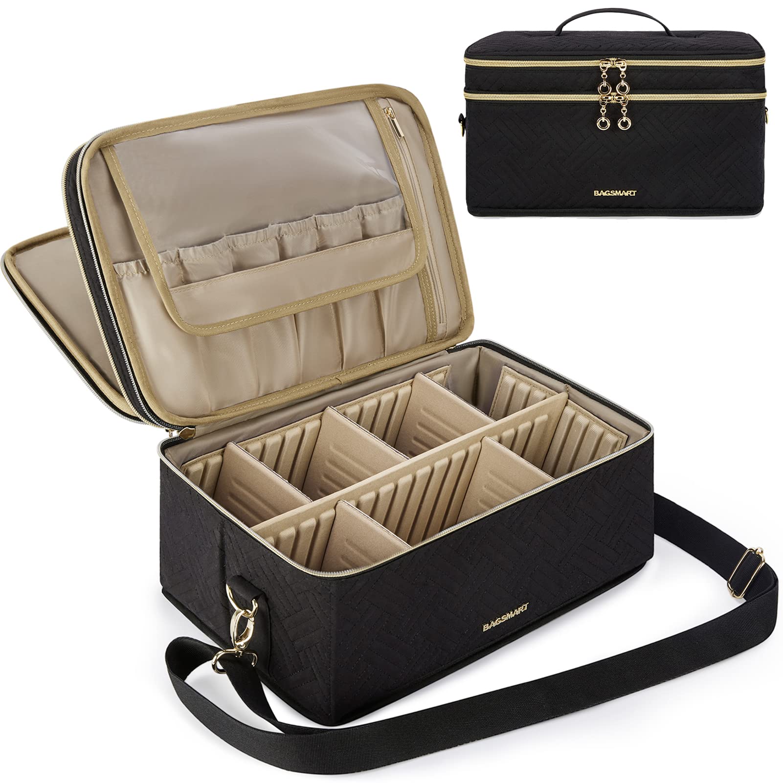 BAGSMART Large Makeup Bag, Cosmetic Cases,Double Layer Makeup Organizer,Protable Travel Makeup Train Case with Shoulder Strap for Cosmetics,Makeup Brushes,Toiletries,Travel Accessories