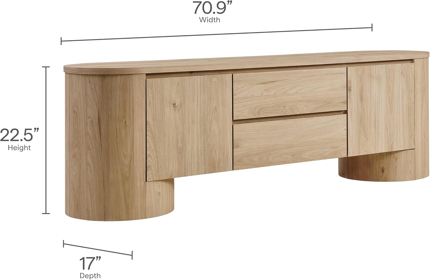 Modway Duval 71 Inch Oval TV Stand in Light Oak – Low Profile Mid Century Modern Media Cabinet - Living Room Entertainment Center with Storage