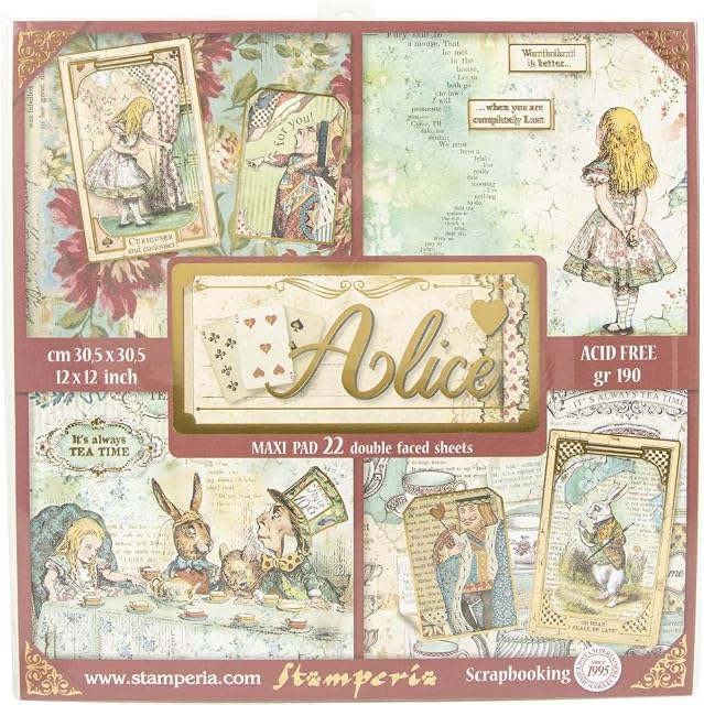 STAMPERIA INTL - 12x12 Inches - Alice Maxi Papercrafting Pad - Multi Coloured - 22 Single-Sided Sheets