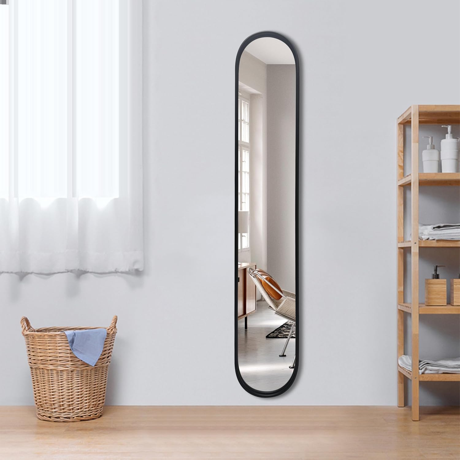 Black Full Length Oval Mirror, 1-Pack Narrow Capsule Long Mirrors with Metal Frame for Entryway,Hallway,Living Room