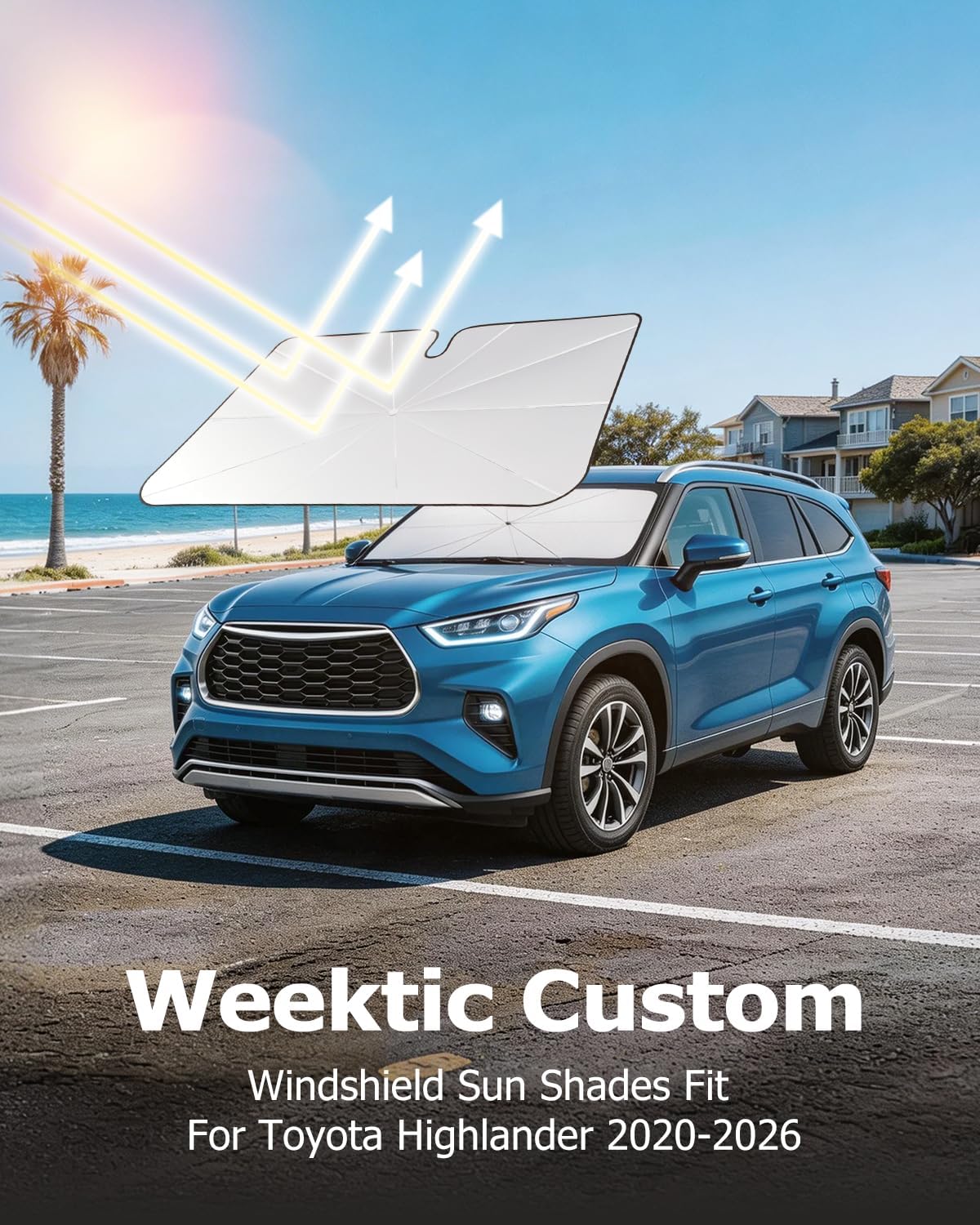 [2026 Upgraded] Weektic Custom Windshield Sun Shade Umbrella for Toyota Highlander 2020-2026, [Double Thickened Ice Crystal Coating] Sun & Heat Protection, Keep Vehicle Cool & Protect Interior