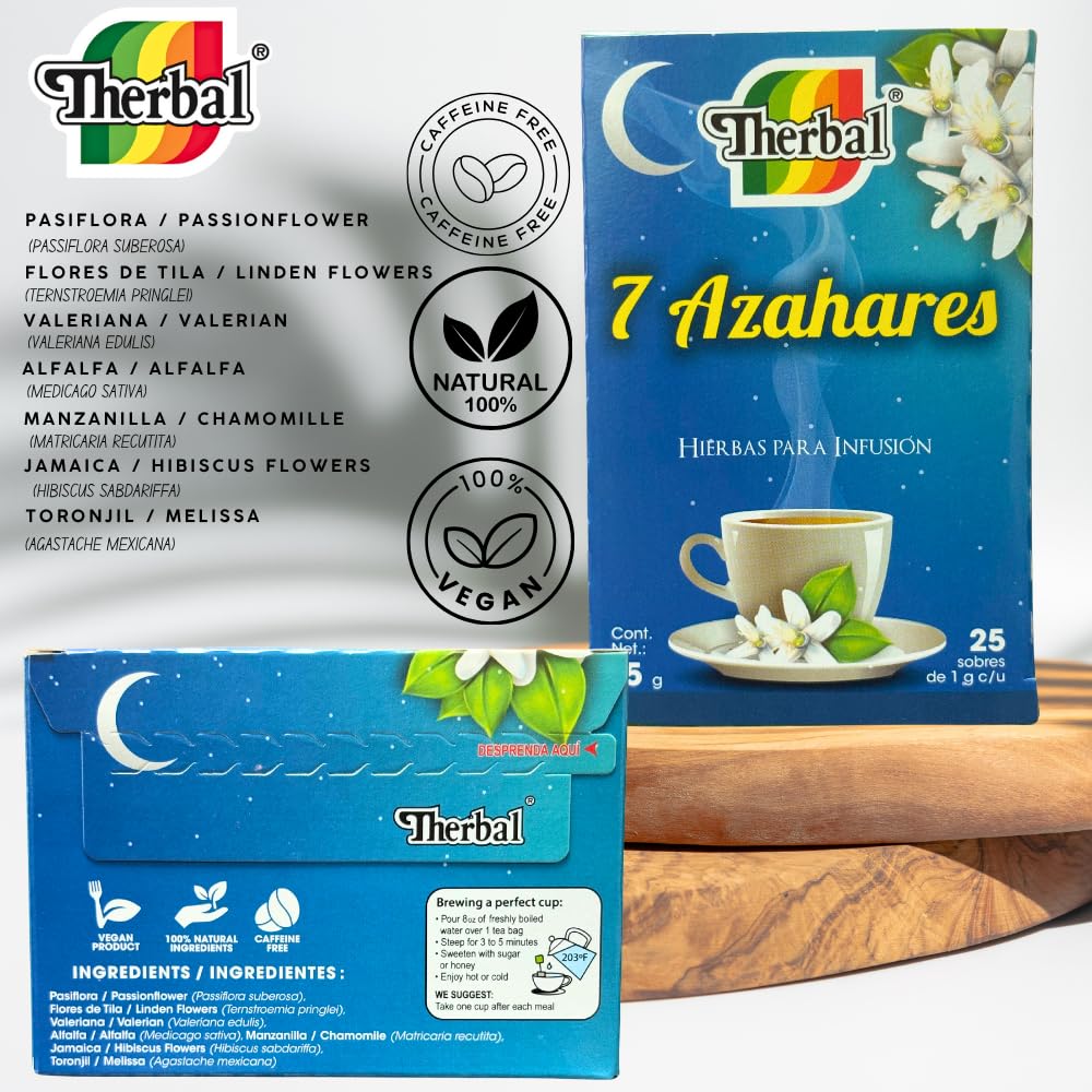 Therbal 7 Blossoms Herbal Tea – 25 Tea Bags – Caffeine-Free, Natural Infusion with Chamomile, Passionflower, Valerian, Hibiscus & More – Relaxing Nighttime Blend