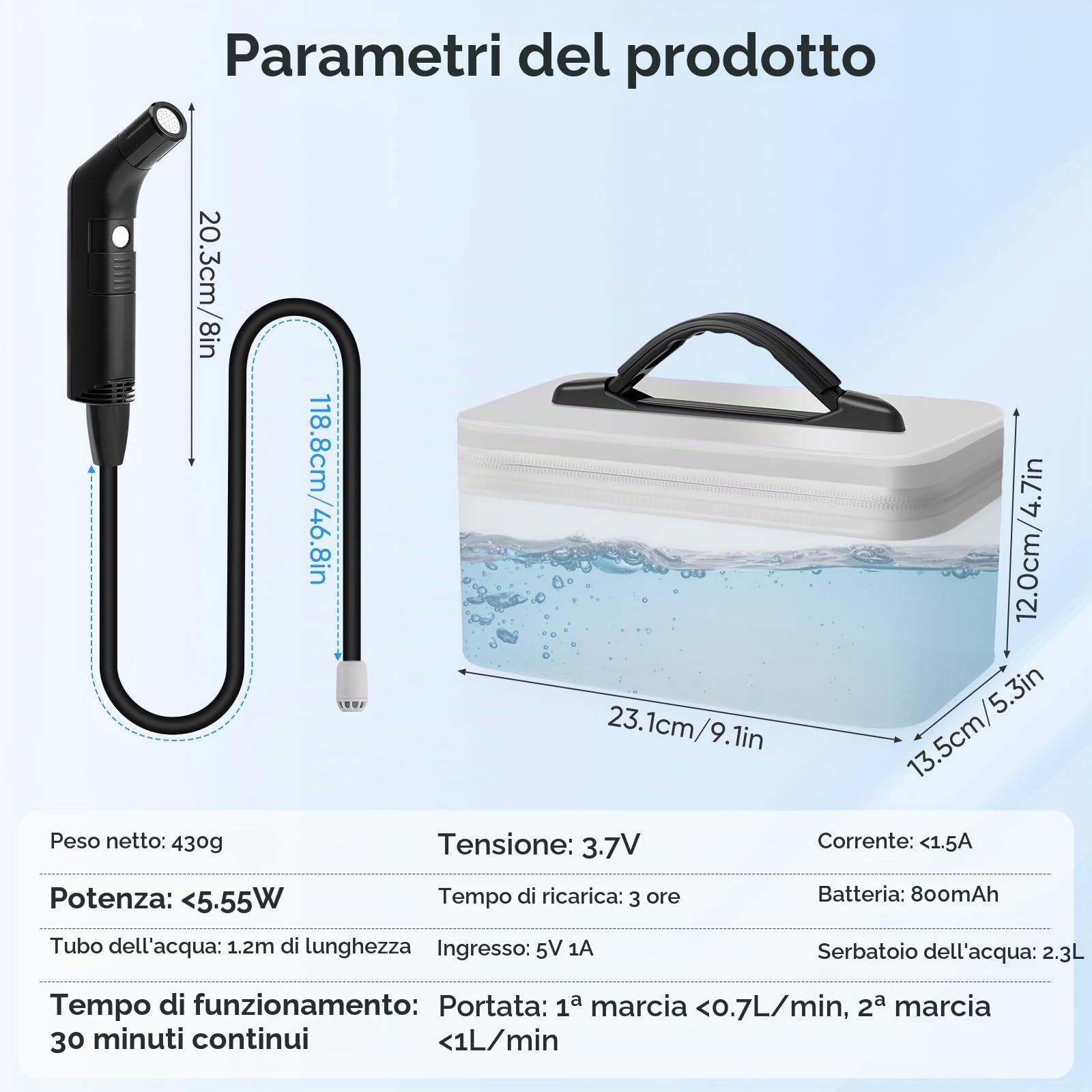 Bidet elettrico da viaggio da 2,3 l, bidet portatile con tubo da 1,2 m, portatile, per bagno, campeggio, all'aperto, doccia musulmana, bottiglia perineale, 2 modalità