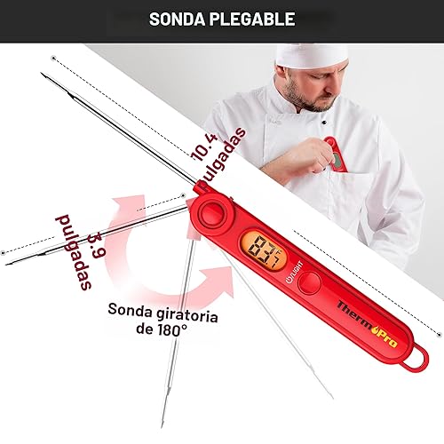 Vista 8 de ThermoPro TP03 - Termómetro digital de lectura instantánea para carne, cocinar, alimentos, caramelo; termómetro con luz de fondo e imán para Rojo