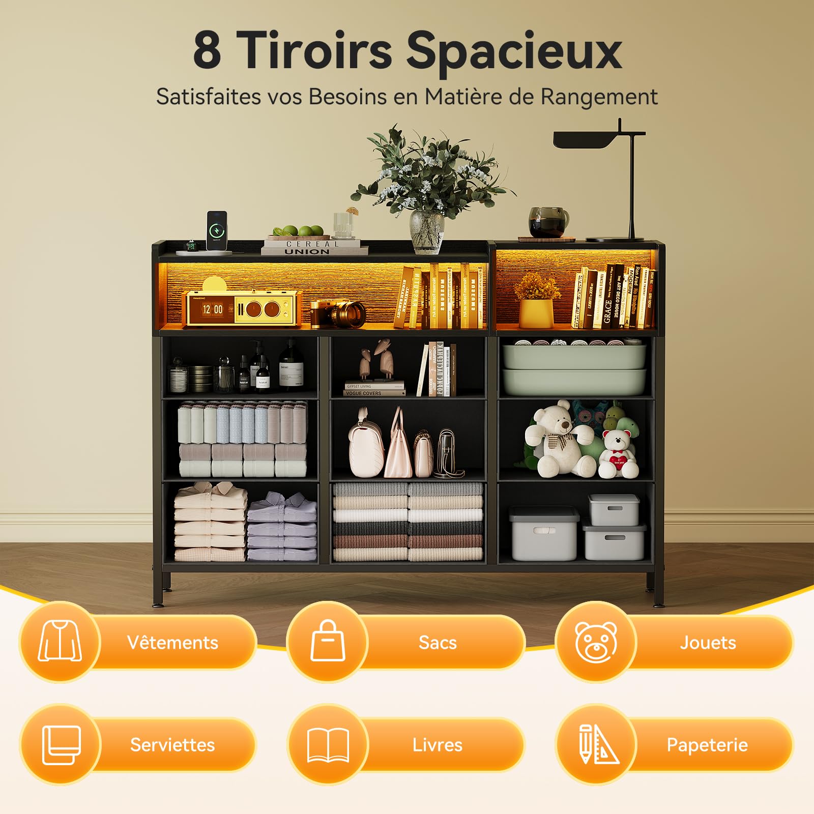 ODK Commode Chambre Adulte, Armoire de Commode avec 2 Prises de Courant, 2 USB et 10 Bandes LED de Couleur, avec 9 Tiroirs en Tissu pour Chambre à Coucher Salon, 130 * 30 * 97cm, Noir