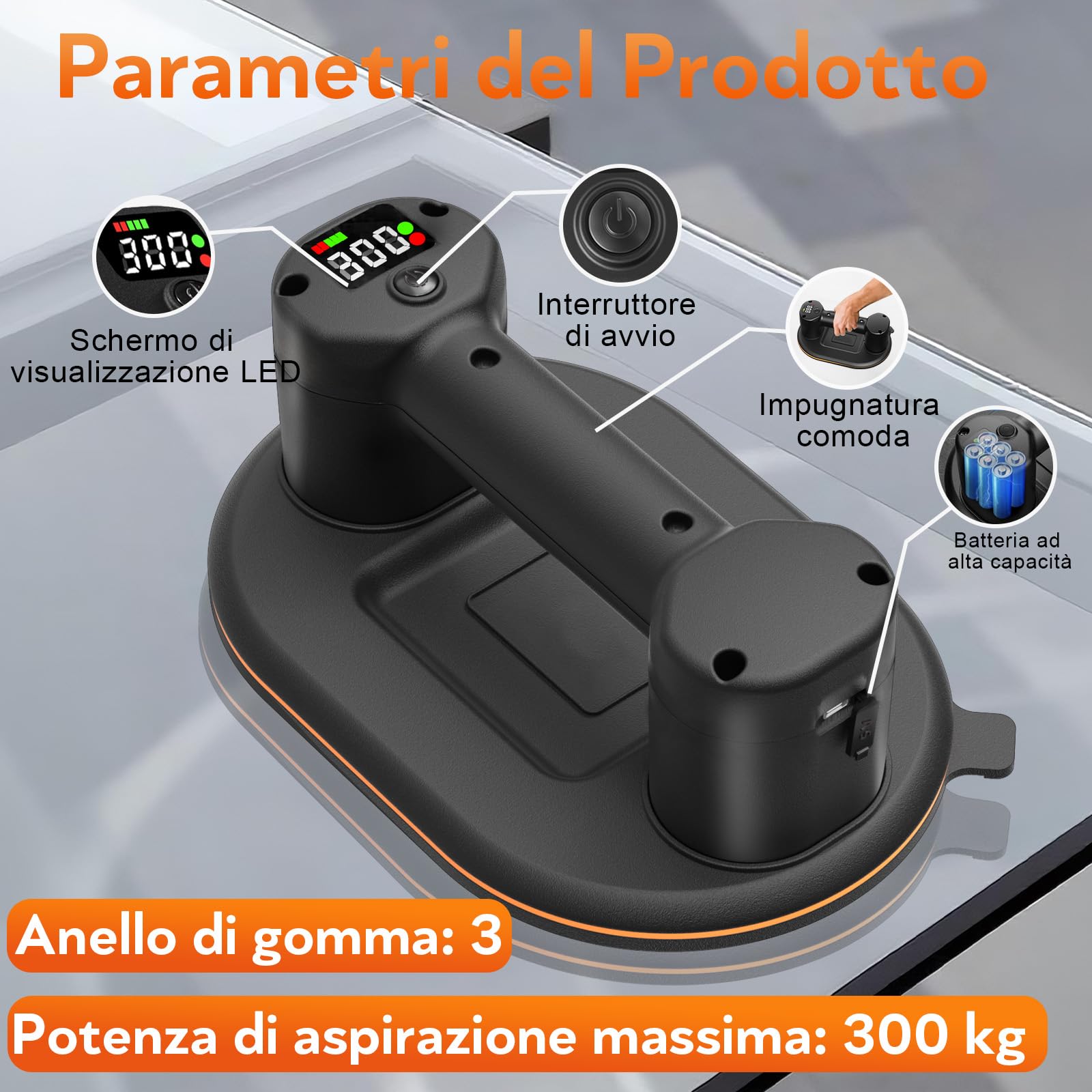 Elettrica Ventosa per Piastrelle, 2 Pezzi Sollevatore Ventosa Vetro con Doppi Motori, Display LCD, Batteria Integrata da 4000 mAh, Capacità di Carico 300 kg, Trasporto per Piastrelle, Vetro, Marmo