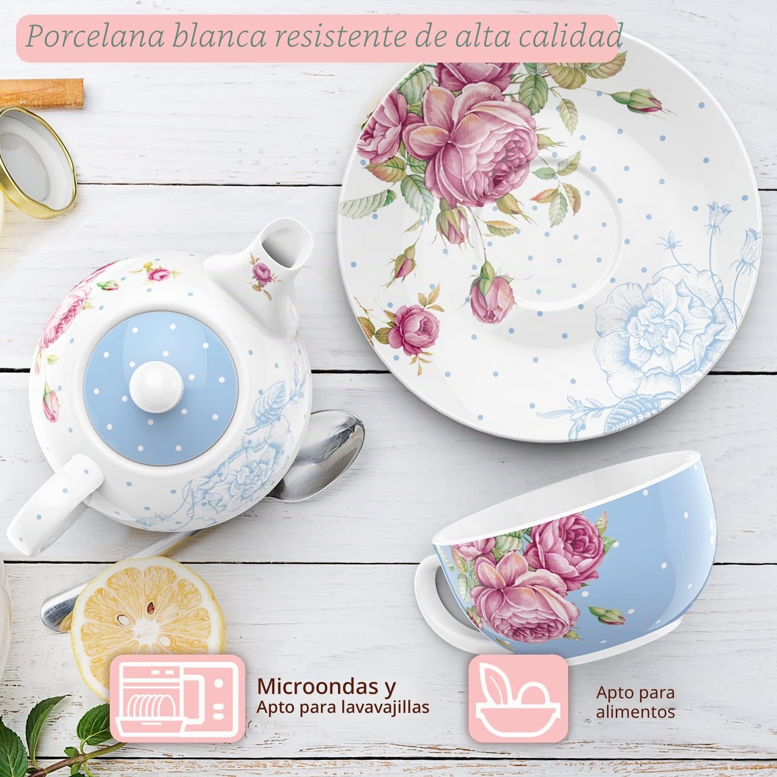 Juego de té de porcelana vintage azul 350 ml para una tetera y platillos