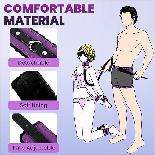 Miniatura 6 de BDSM - Kits de retención de bondage, 12 piezas, juegos sexuales, esposas, cuello de tobillo, puños con los ojos vendados, plumas, cosquillas, bola