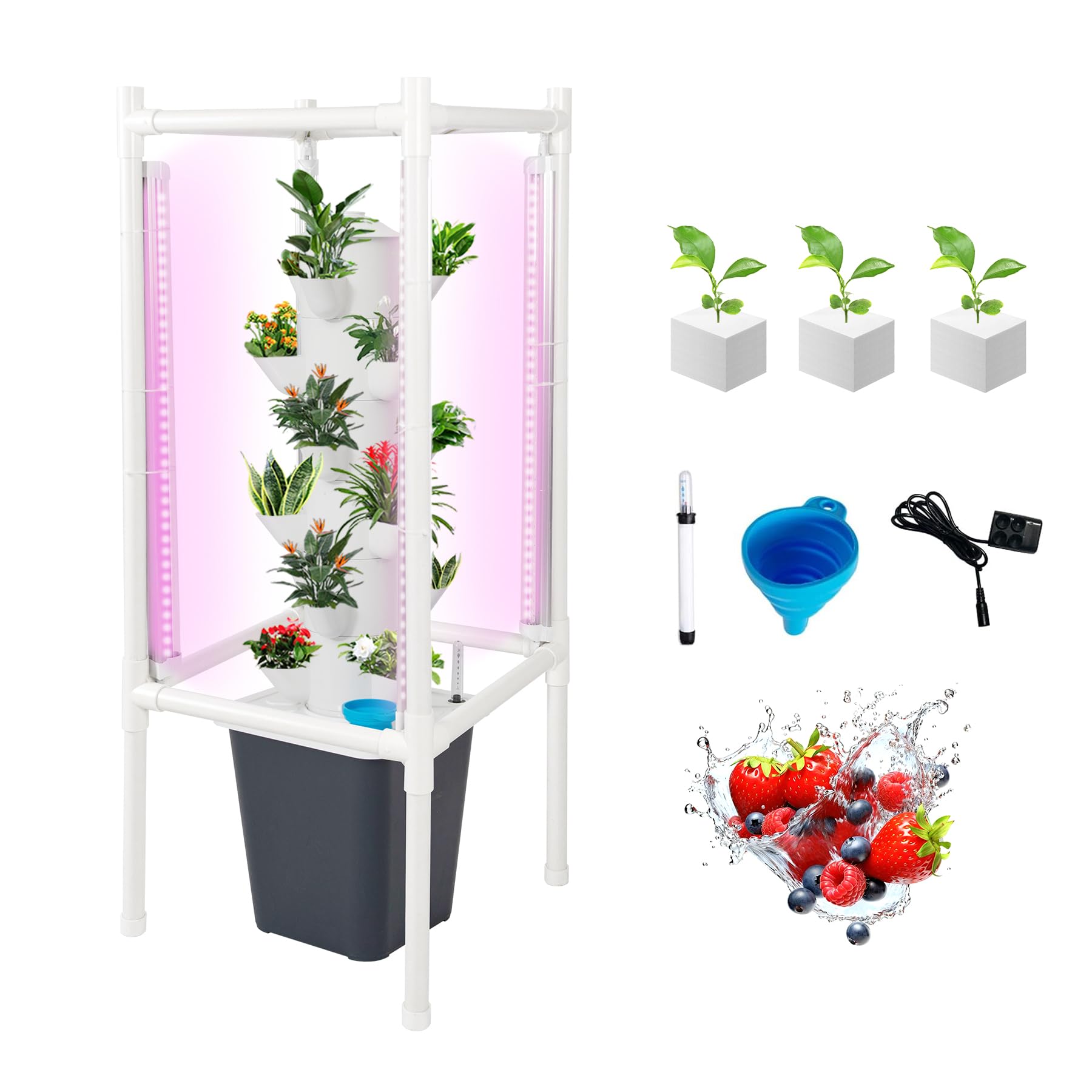 biosp Hydroponics Tower Garden Vertical Growing System Kit, 18 Pods Indoor Gardening, LED Irradiation Grow Light, Fruit and Vegetable Water Pump, Nursery Germination, Smart Plug(No Seedlings Included)