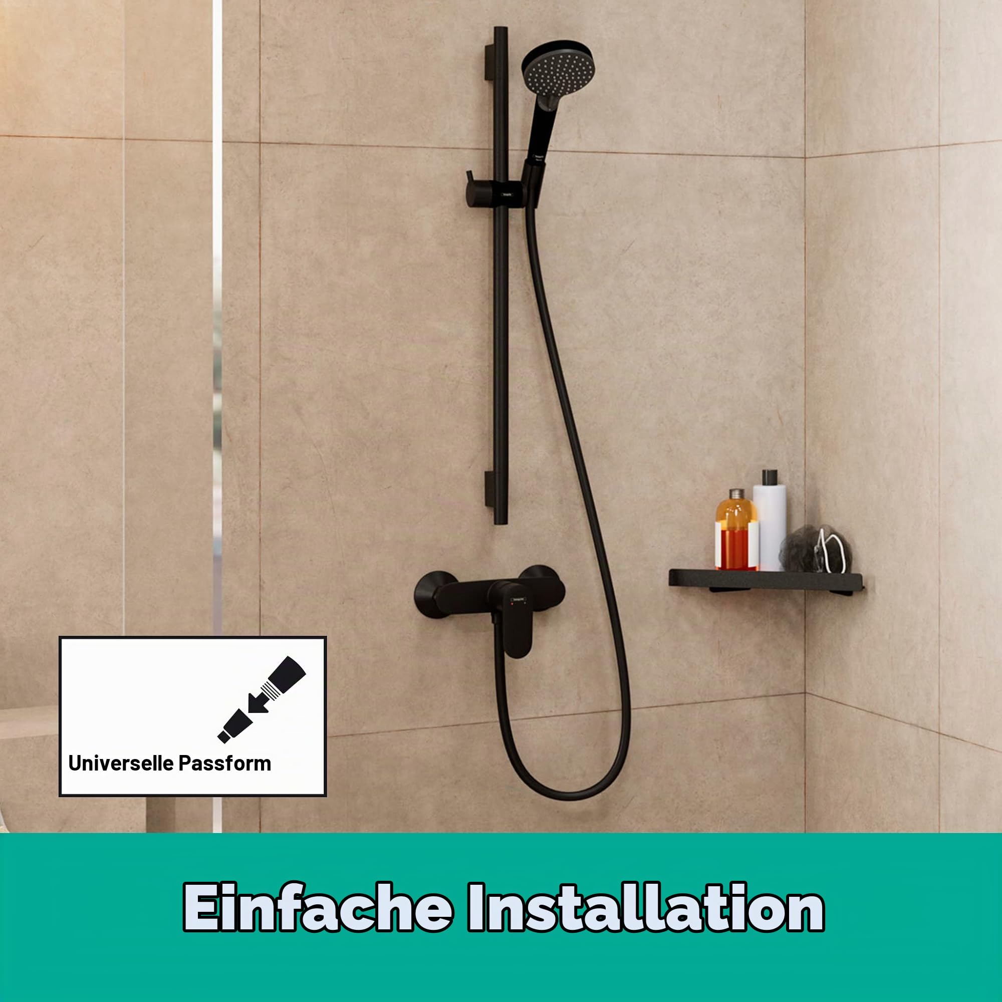 hansgrohe Duschset Vernis Blend, Duschkopf wassersparend mit Duschschlauch und Duschstange 0,65m, Handbrause mit 2 Strahlarten, Mattschwarz