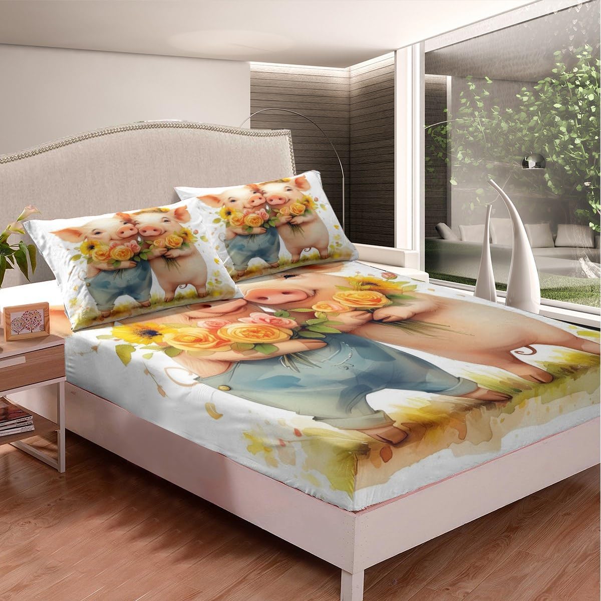 Erosebridal Cartoon Pig Full Sheet Set Toddler Baby Cute Piggy Bed Sheets Set Orange Pink Rose Bed Set Farm Animal Top Sheet Kawaii Pet Bedding Set Kids Bedroom Decorative,Soft 4 Piece