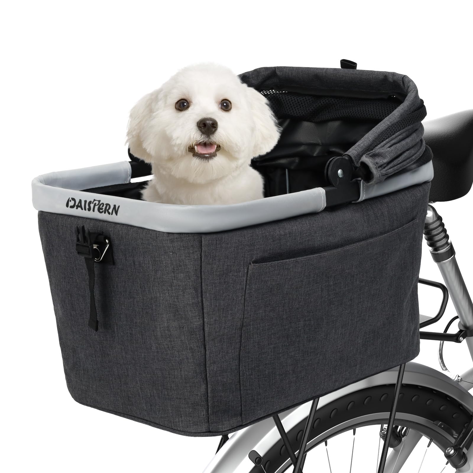 Panier Vélo Arrière pour Chien Pliable Jusqu’à 12KG avec Cadre Métallique, Fixation Rapide pour Diamètre de 9 à 12mm, Fenêtre en Maille, Coussin Doux, Bandes Réfléchissantes