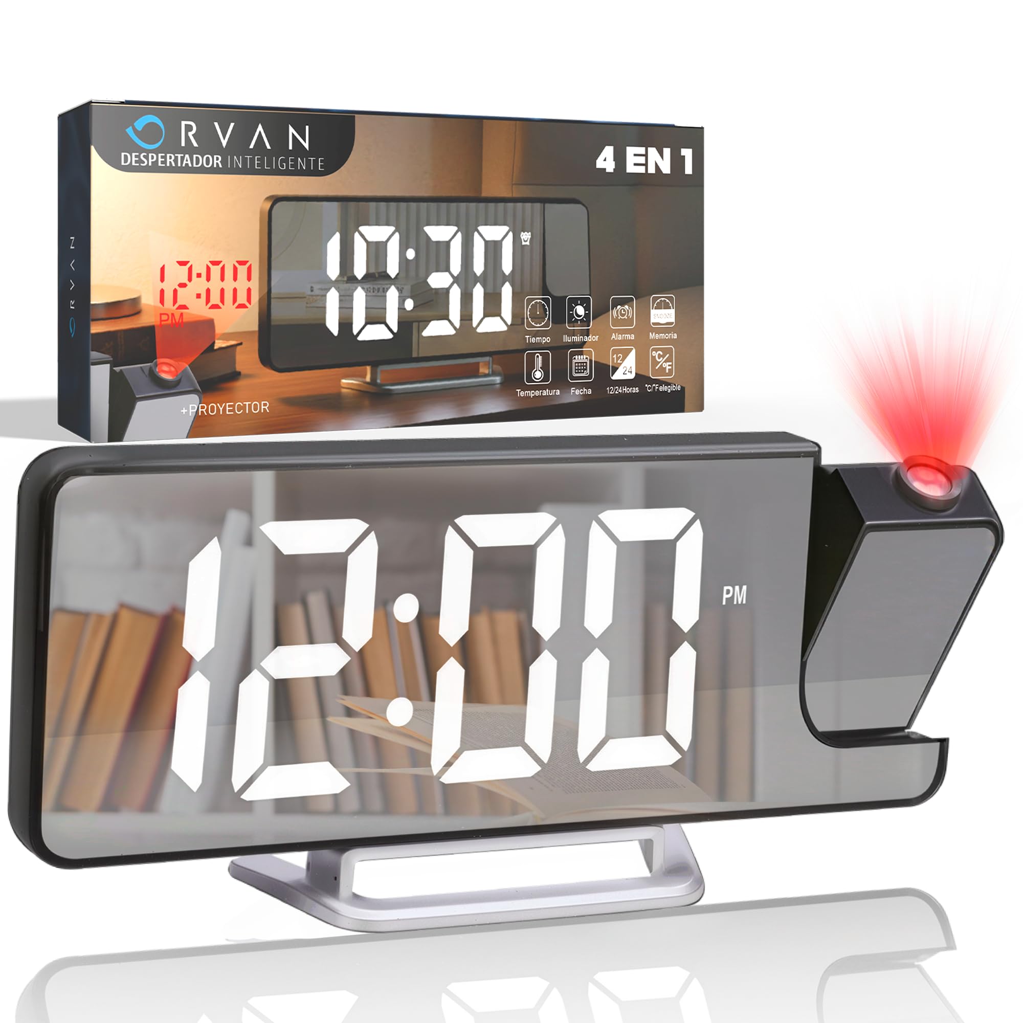 ORVAN® Reloj Proyector Techo Premium | Reloj Despertador Digital LED | Despertador Proyector Techo con Efecto Espejo | Reloj Despertador con Proyector | Doble Alarma | Tres Modos De Atenuación - 2