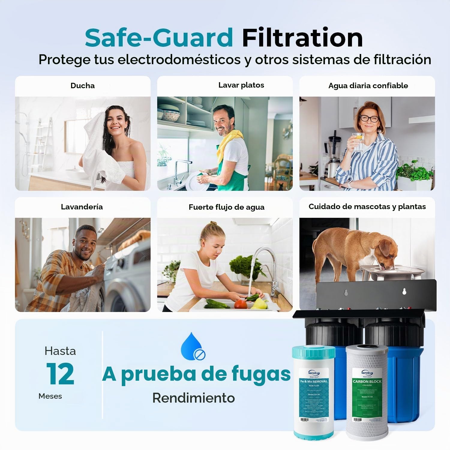 iSpring WGB21BM Filtración de Agua para Toda la Casa de 2 Etapas, Filtro Agua Entrada General, Bloque de Carbón de 10" x 4.5" y Filtros Reductores de Hierro y Manganeso, Puertos de 1"