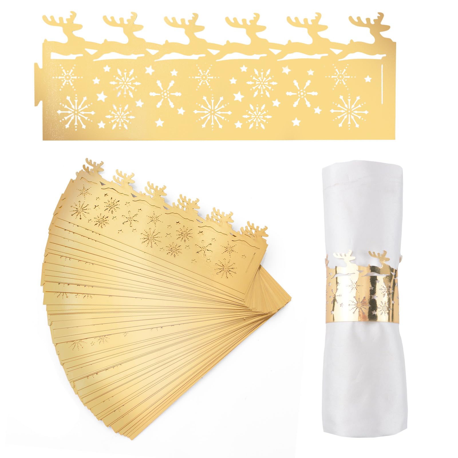 URROMA Servilleteros de Navidad, 50 unidades, reflectantes, dorados, copos de nieve, servilleteros para el hogar, hebilla para decoración de mesa