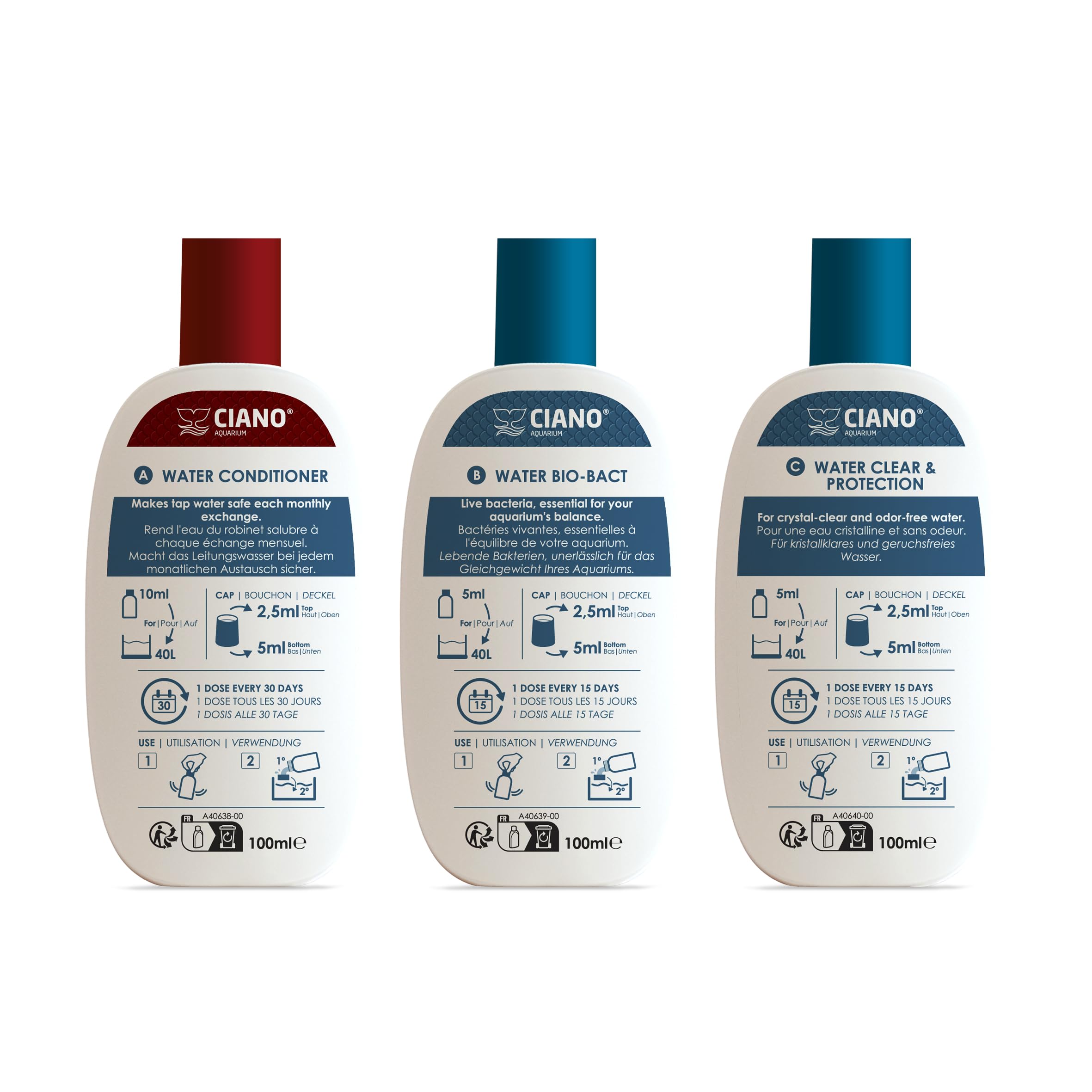 Pack Water Care CIANO - 3 Prodotti Per Acquario: Condizionatore, Batteri Vivi, Cristallizzante, 100 Ml Ciascuno
