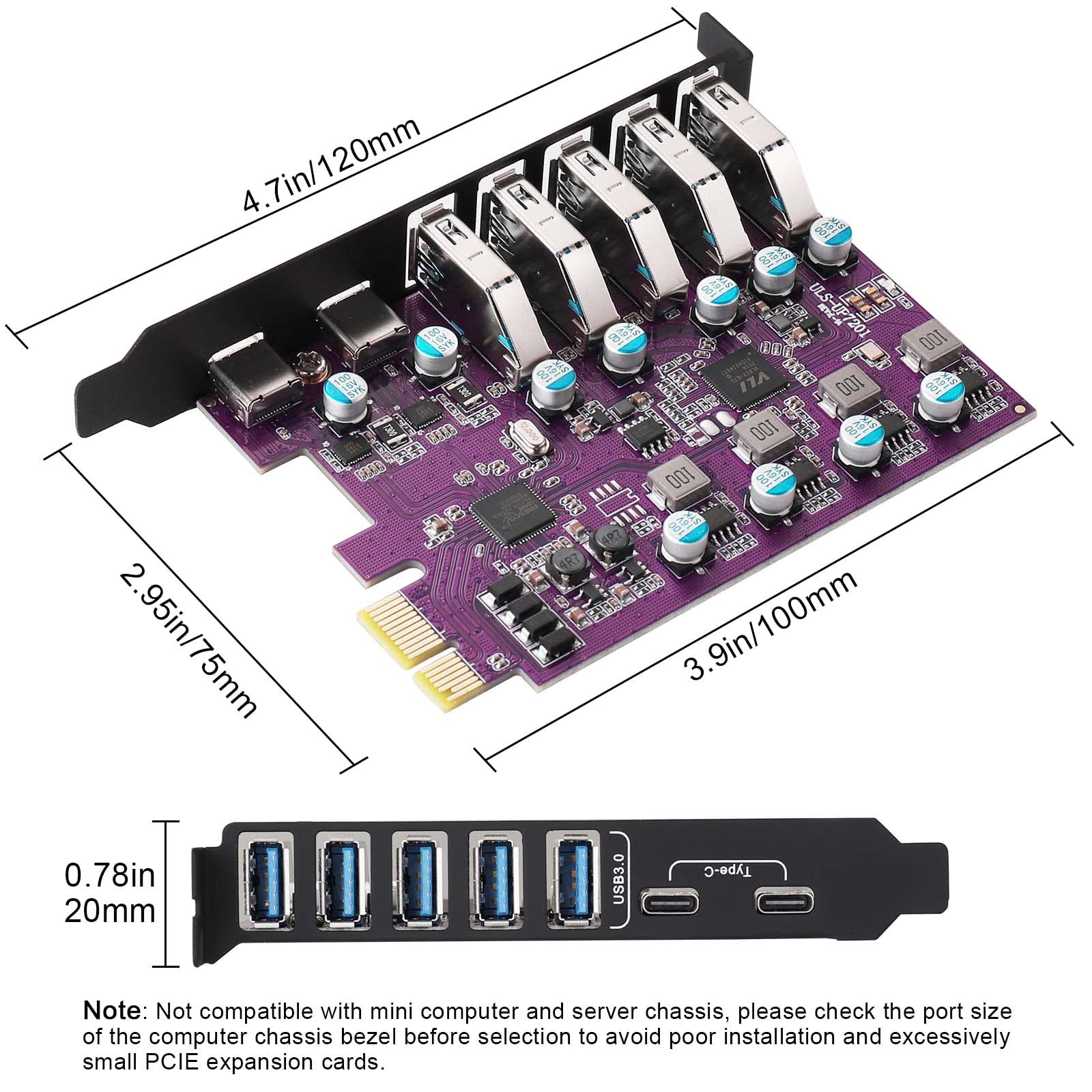 Karta rozszerzeń USB 3.0 7 portów (5 x Type-A, 2 x Type-C) 5 Gb/s USB PCI Express do Windows i Mac
