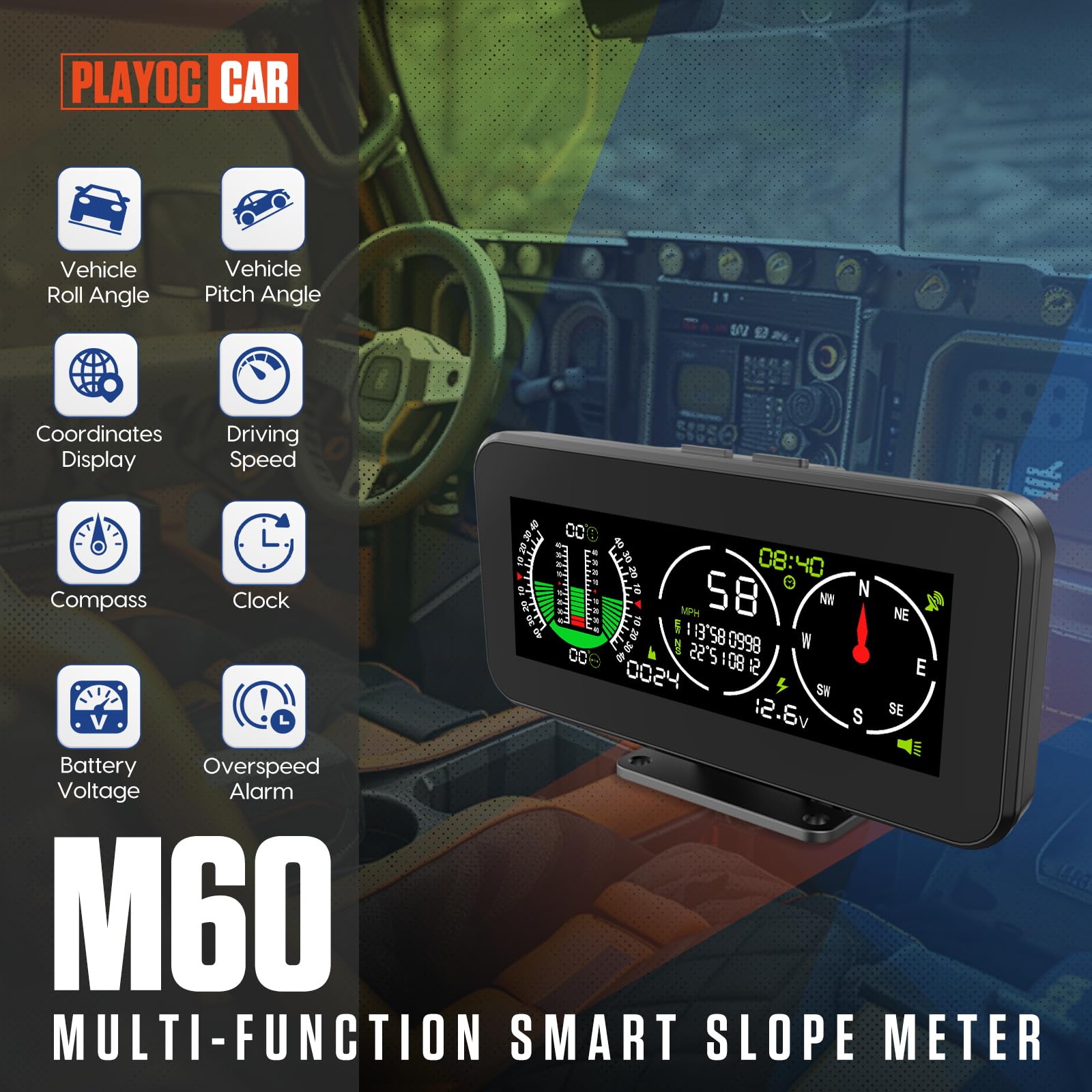 PLAYOCCAR M60 GPS Velocità e pendenza Giroscopio multiasse integrato Indicatore livello inclinazione Contatore velocità Smart Slope Meter