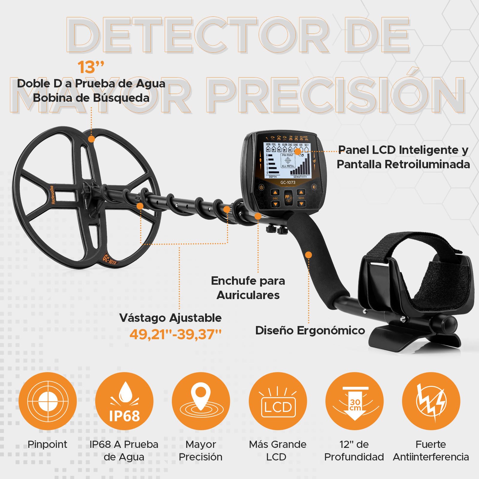 Hazlewolke Detector de Metales Profesional de 33cm, Doble D, Resistente al Agua, buscador de Bobina Dorada con Pinpoint, Modo Disc de Alta sensibilidad, Pantalla LCD retroiluminada, Detector de Oro